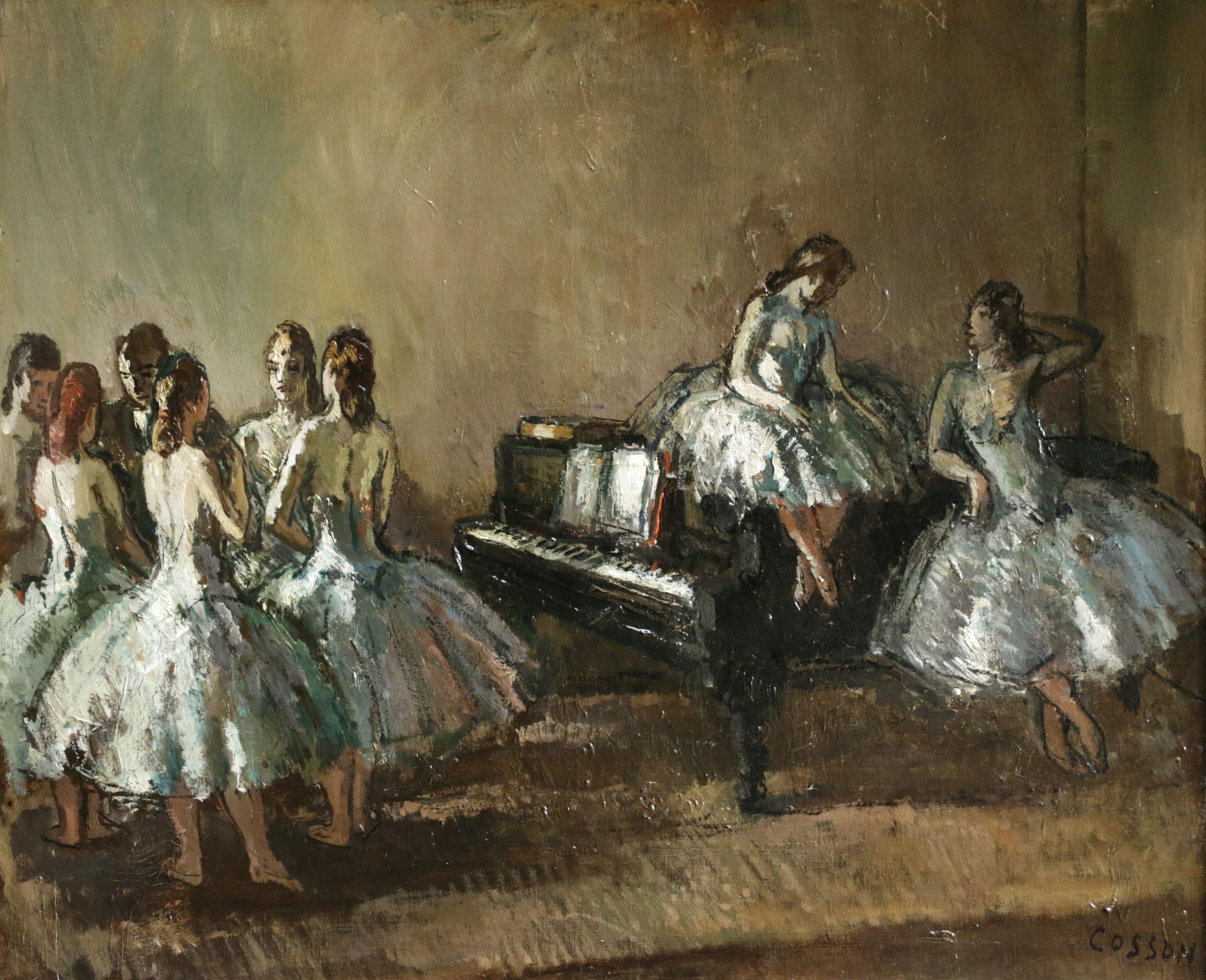 Jean-Louis-Marcel Cosson Figurative Painting - "Les Danseurs" Cosson French Impressionist Ballerinas and Piano in Interior