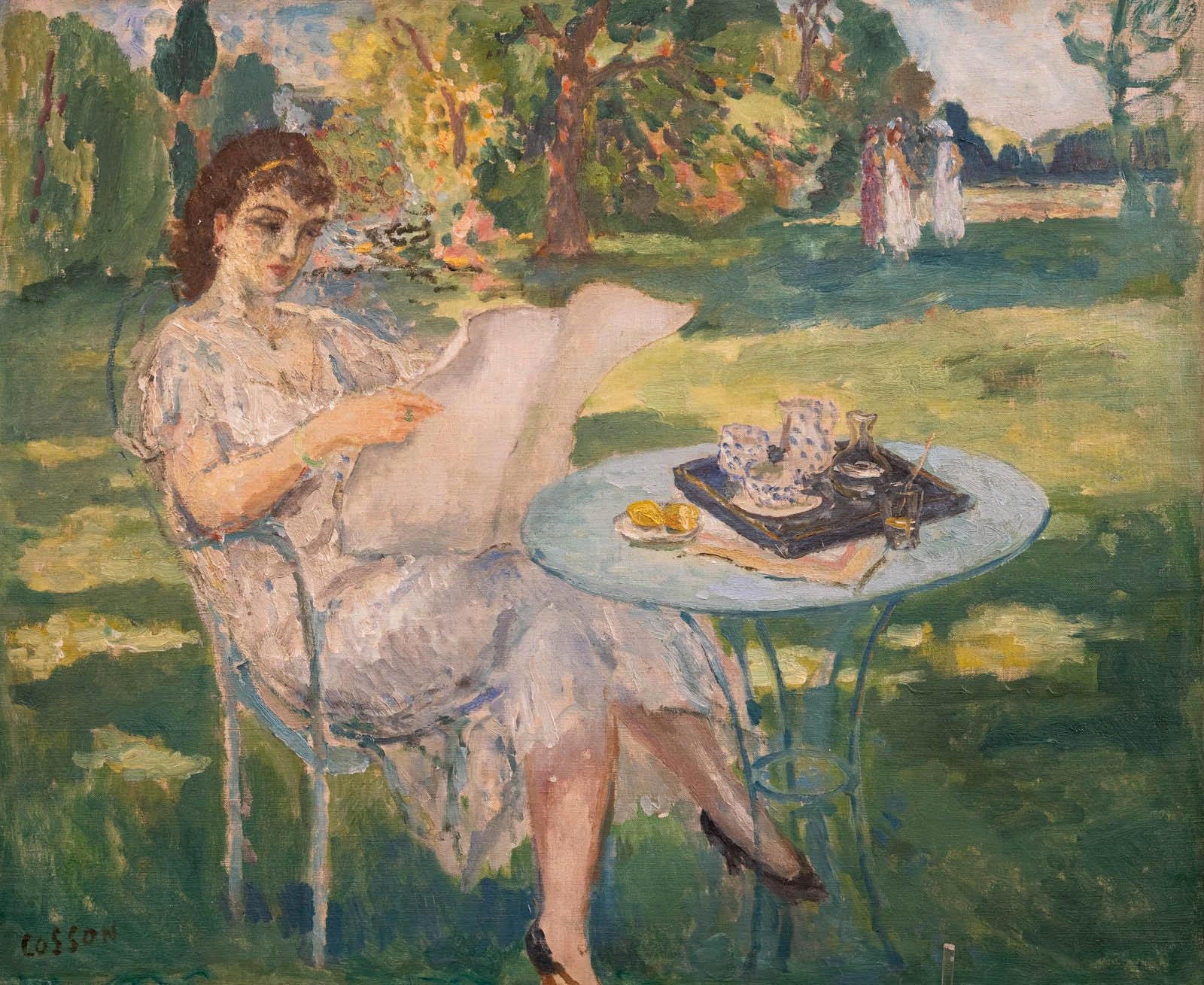 Madame Cosson dans son jardin - Figurative Painting Grigio di Jean-Louis-Marcel Cosson