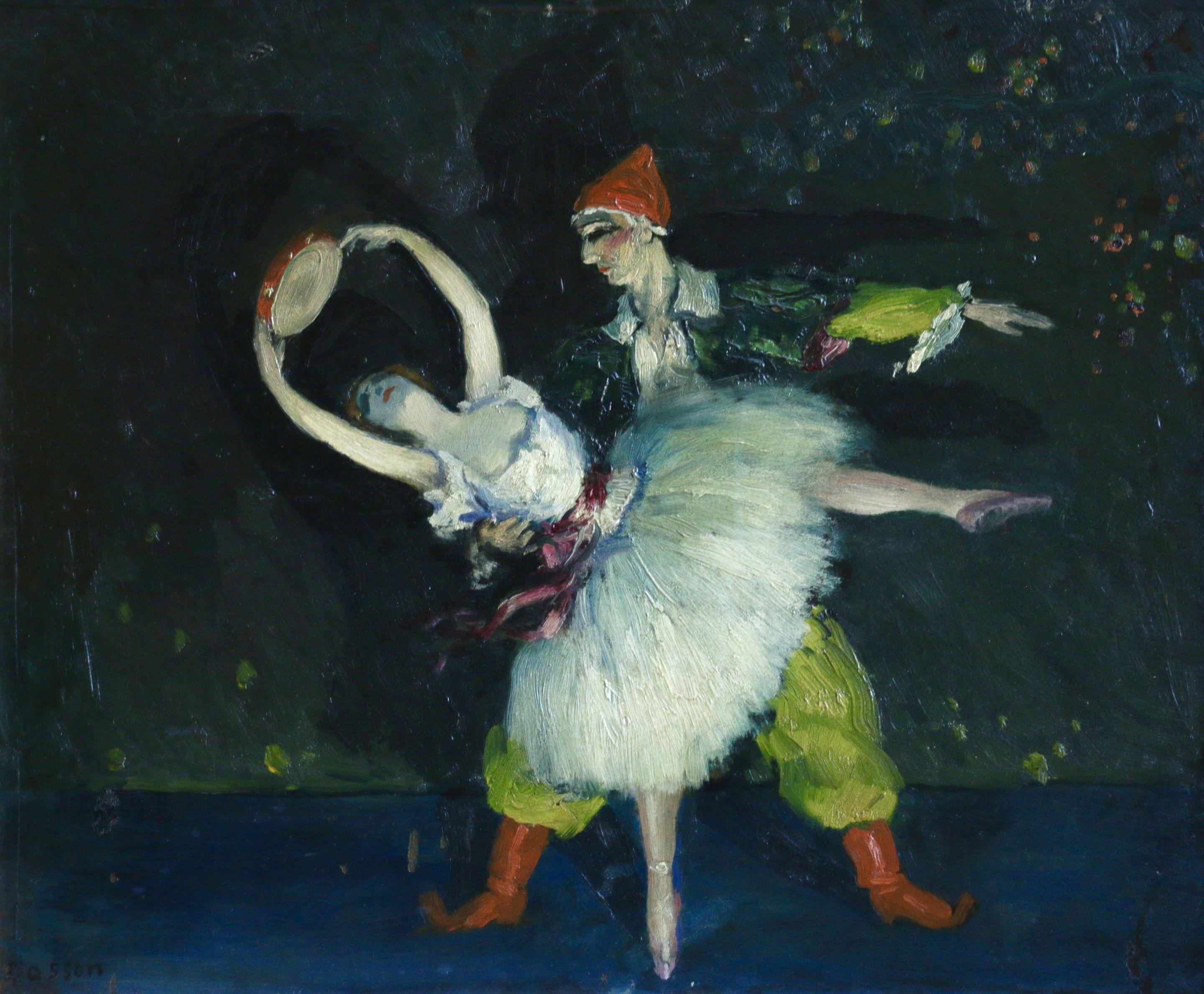 Pierrot & Dancer - 20th Century Oil, Figures Dancing in Interior by Cosson - Painting by Jean-Louis-Marcel Cosson