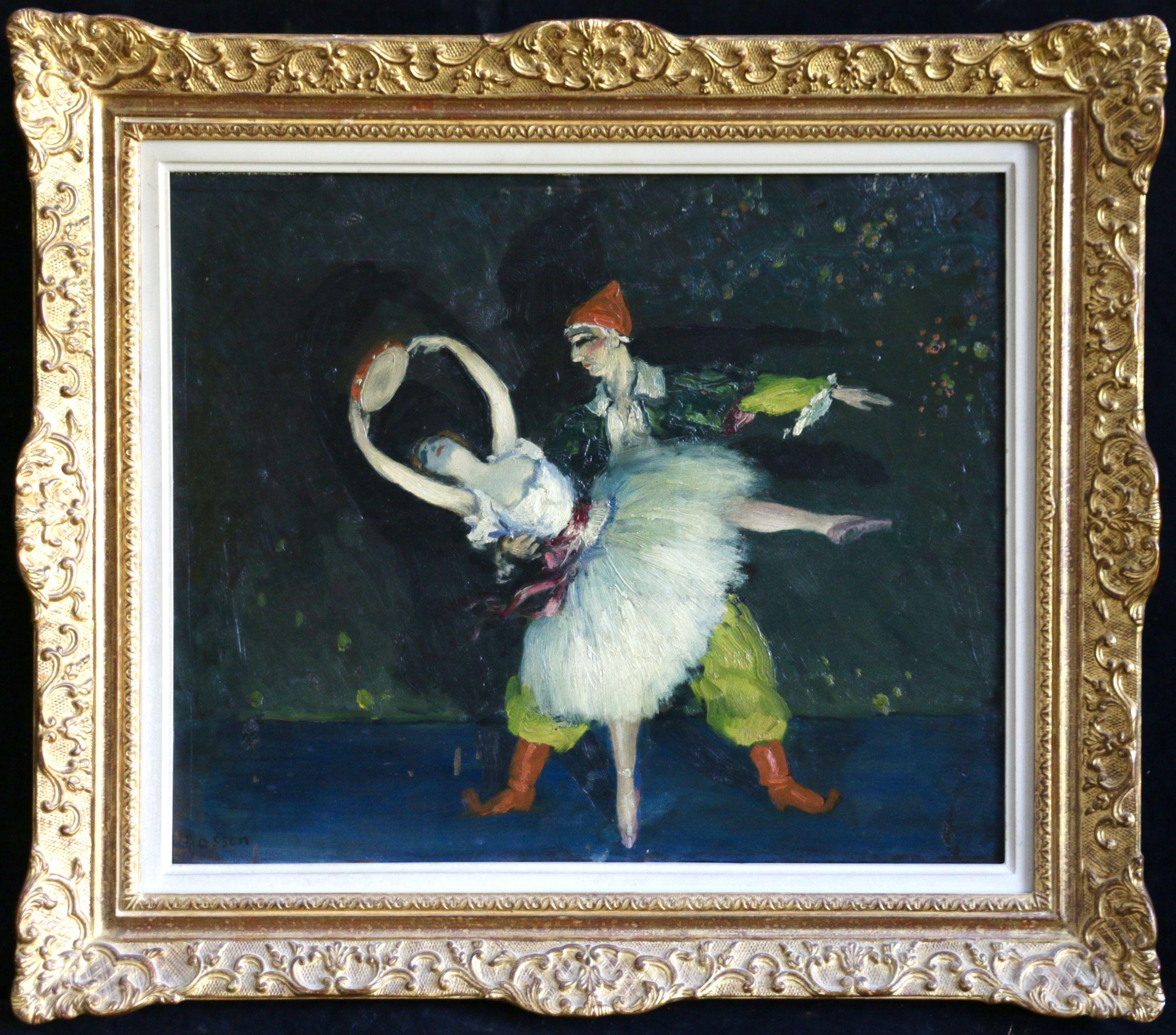 Jean-Louis-Marcel Cosson Figurative Painting - Pierrot & Dancer - 20th Century Oil, Figures Dancing in Interior by Cosson