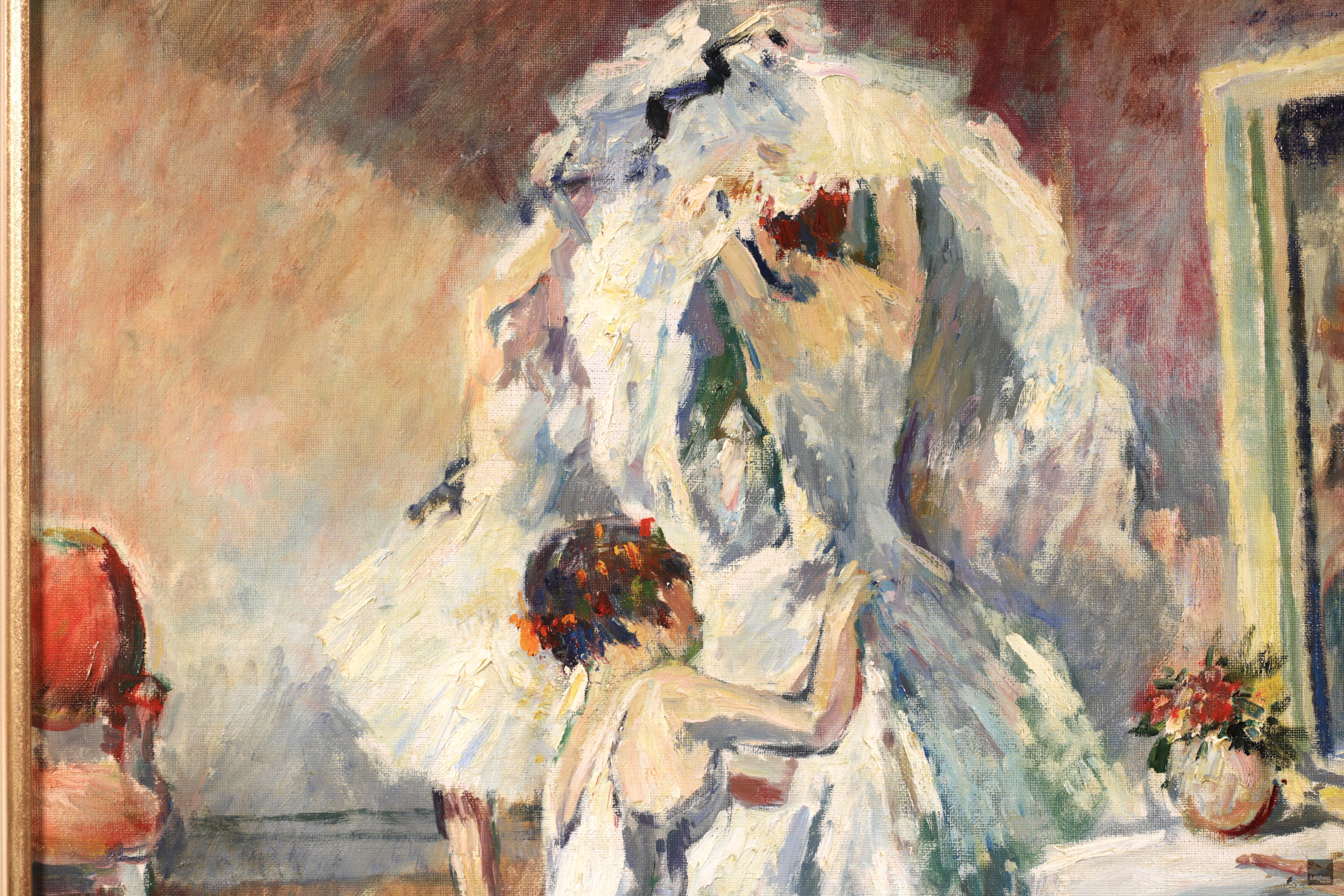 Olio figurativo post impressionista su tavola del 1940 circa del pittore francese Marcel Cosson. L'opera raffigura delle ballerine che si vestono con dei tutù bianchi per prepararsi a uno spettacolo. Un pezzo meraviglioso dipinto nello stile