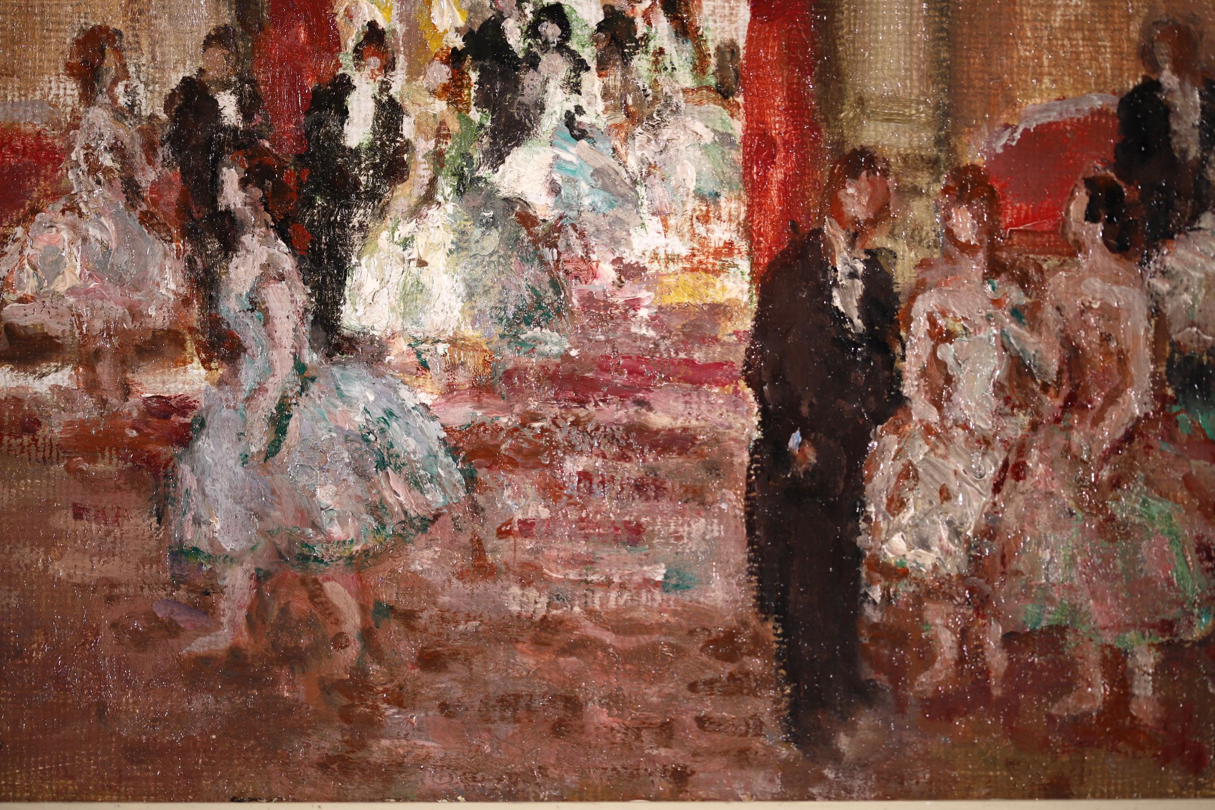 Oil on original canvas circa 1940. Framed dimensions are 17 inches high by 20 inches wide. 

Cosson was a French artist who specialised like his muse, Degas, in depicting subjects from the theatre, the ballet and from the world of horse racing. He