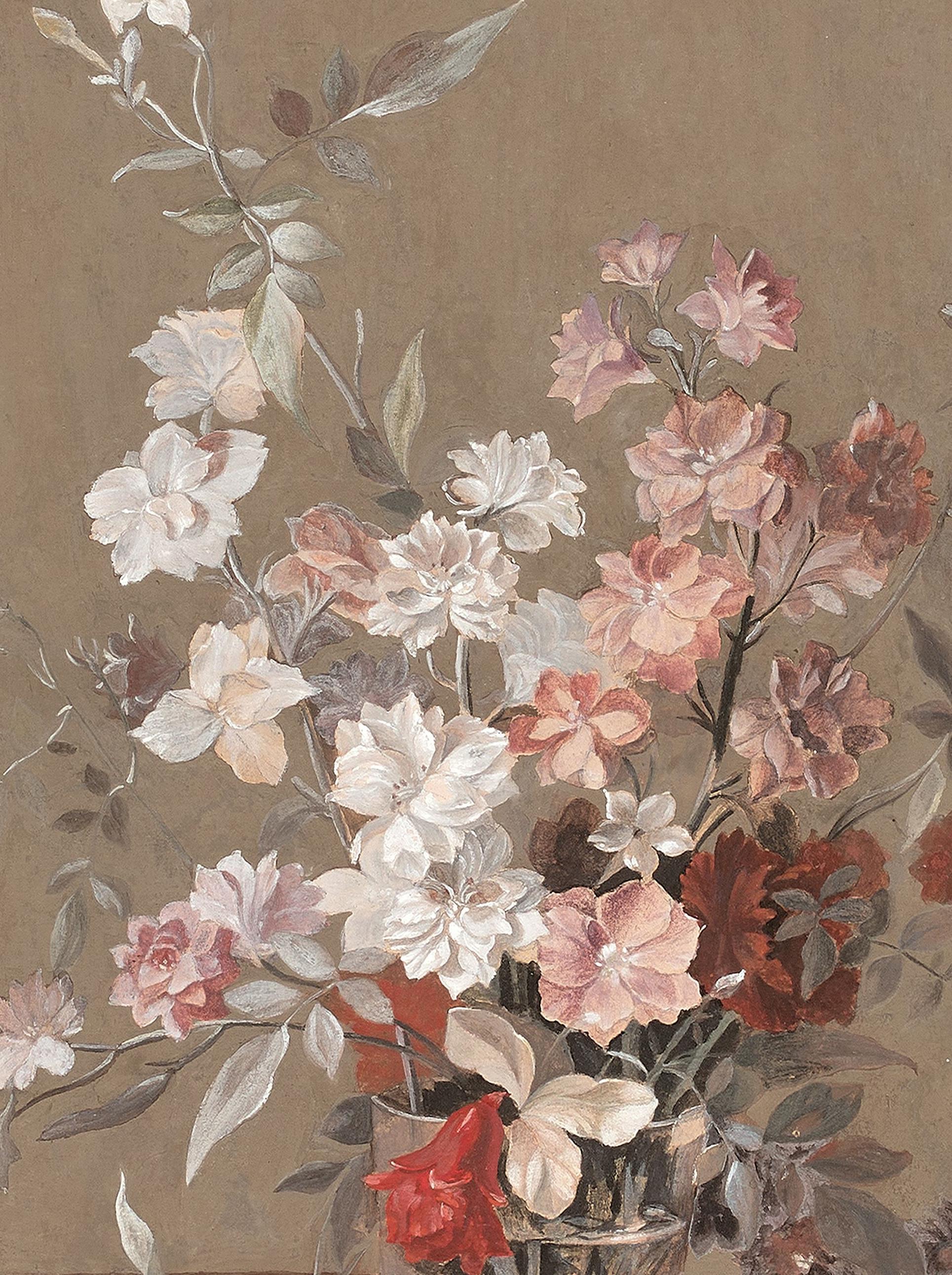 Blumen in einem Glas, auf einem Buch ruhend – Painting von Jean-Louis Prevost