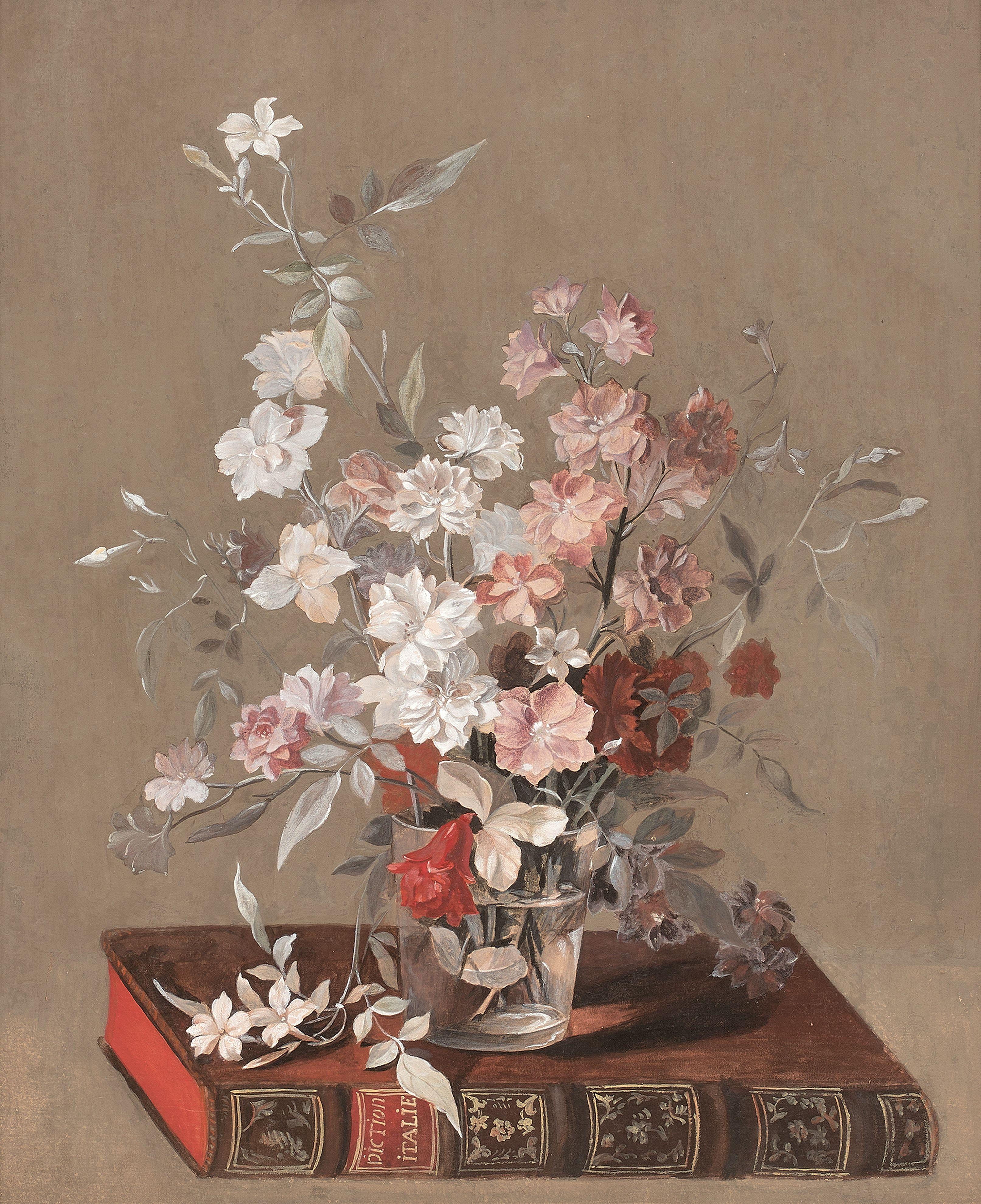 Blumen in einem Glas, auf einem Buch ruhend (Französische Schule), Painting, von Jean-Louis Prevost