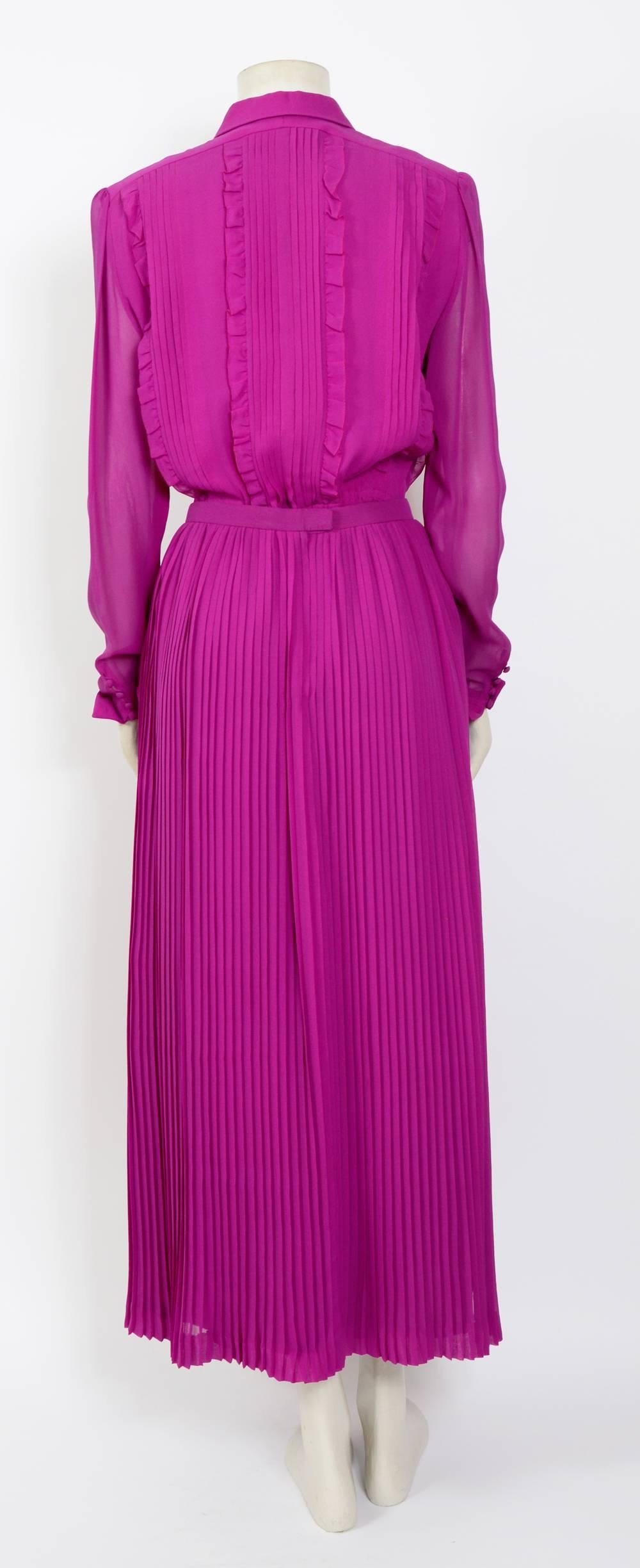 Purple Jean Louis Scherrer 1970s vintage silk pleated chiffon blouse & skirt set For Sale