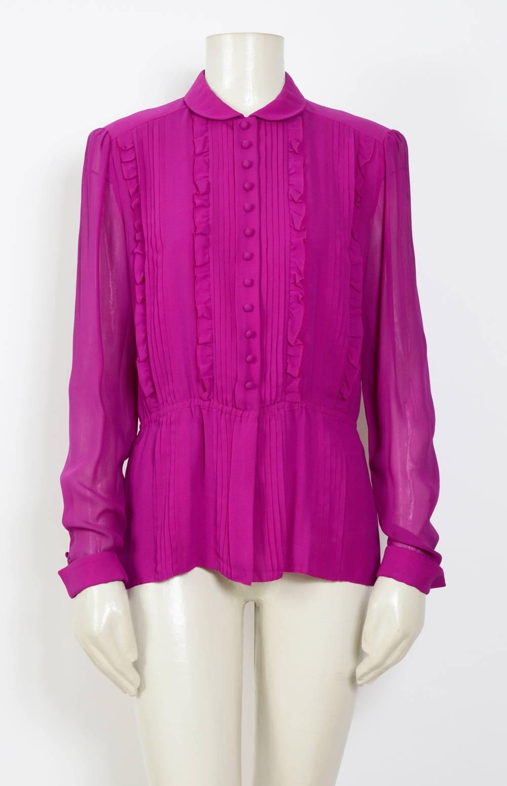 Jean Louis Scherrer 1970s vintage silk pleated chiffon blouse & skirt set In Excellent Condition For Sale In Antwerpen, Vlaams Gewest