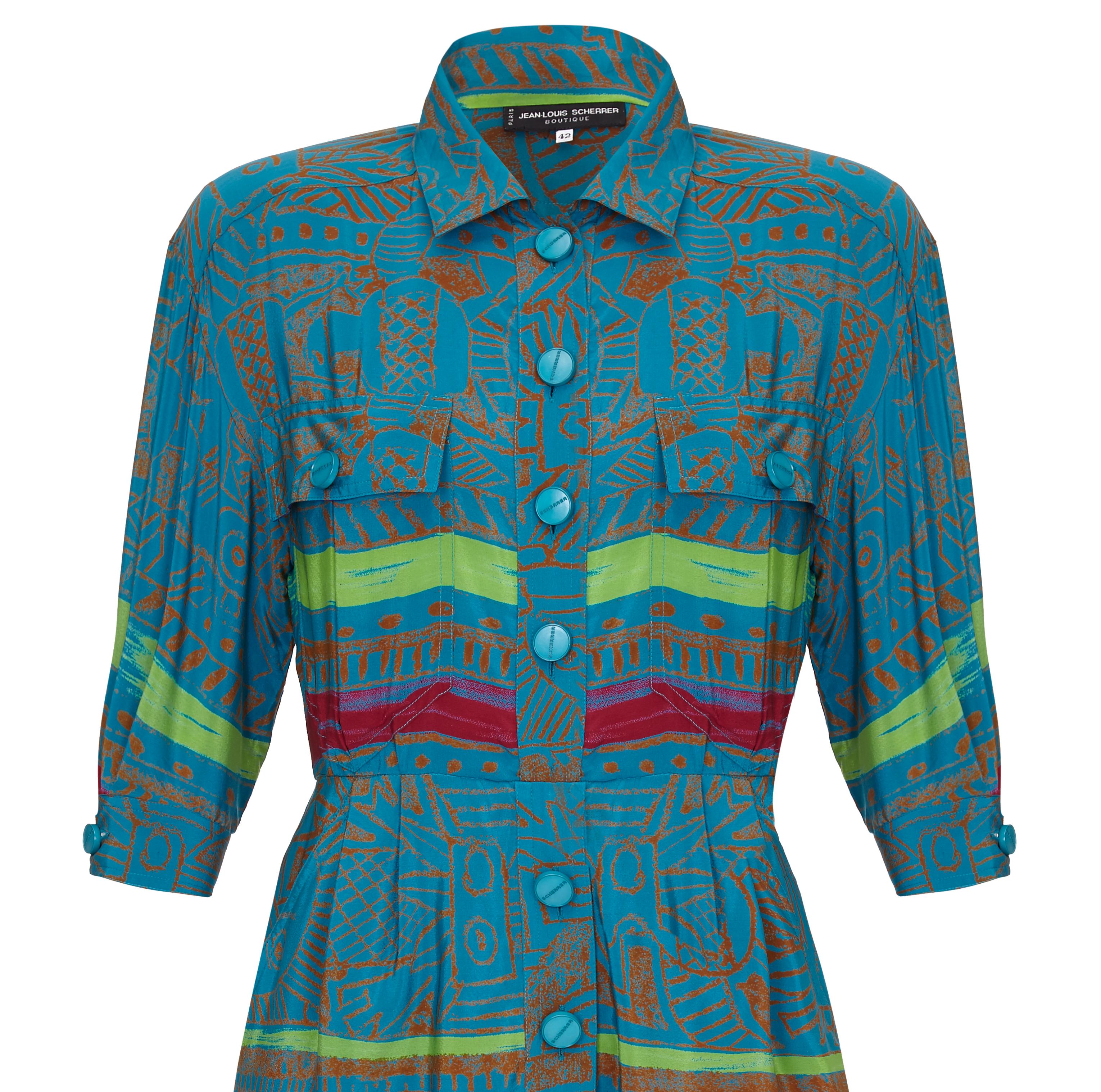 Blue  Jean - Louis Scherrer 1980s Colourful Batik Print Silk Shirt Dress 