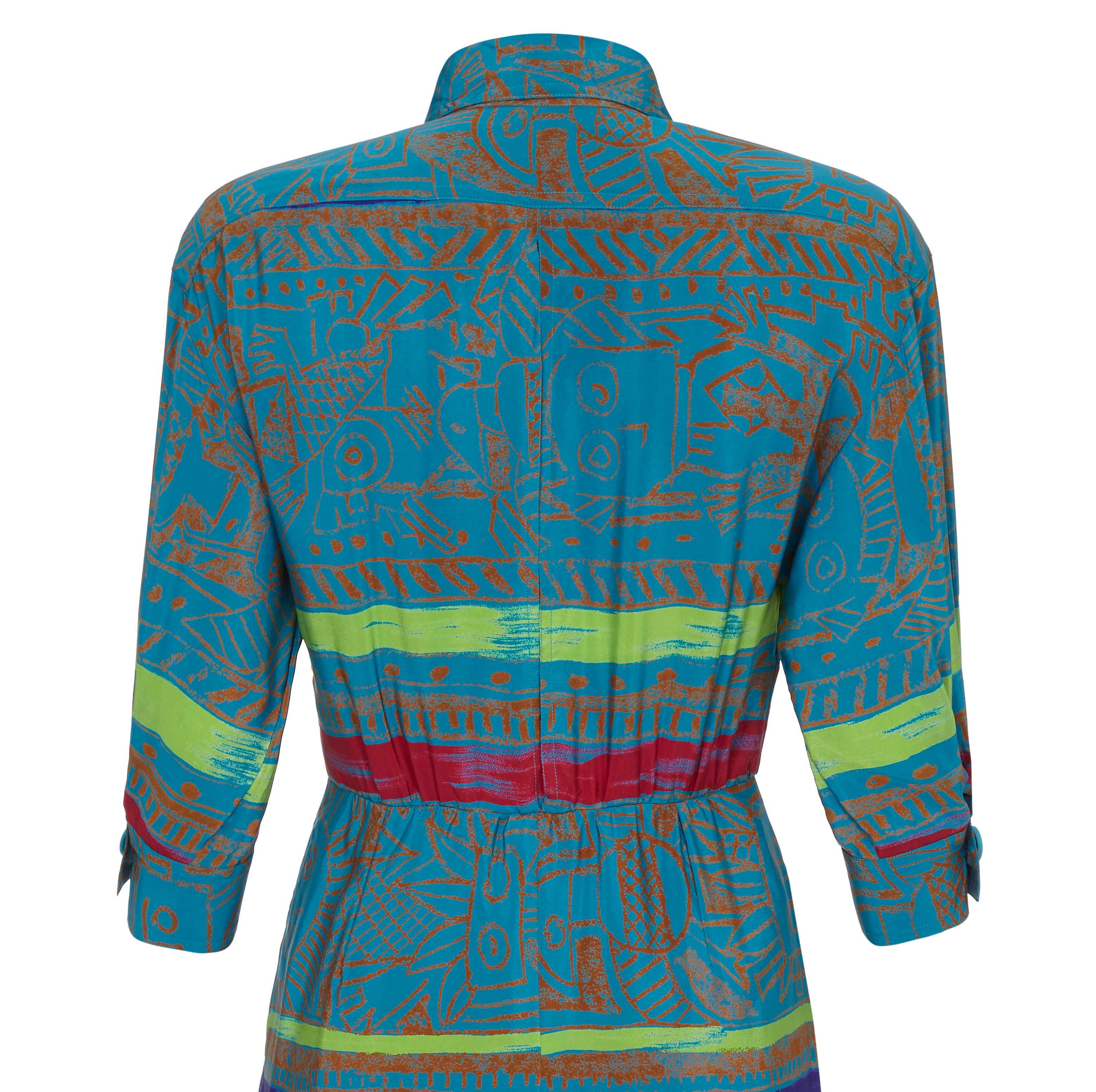  Jean - Louis Scherrer 1980s Colourful Batik Print Silk Shirt Dress  In Excellent Condition In London, GB