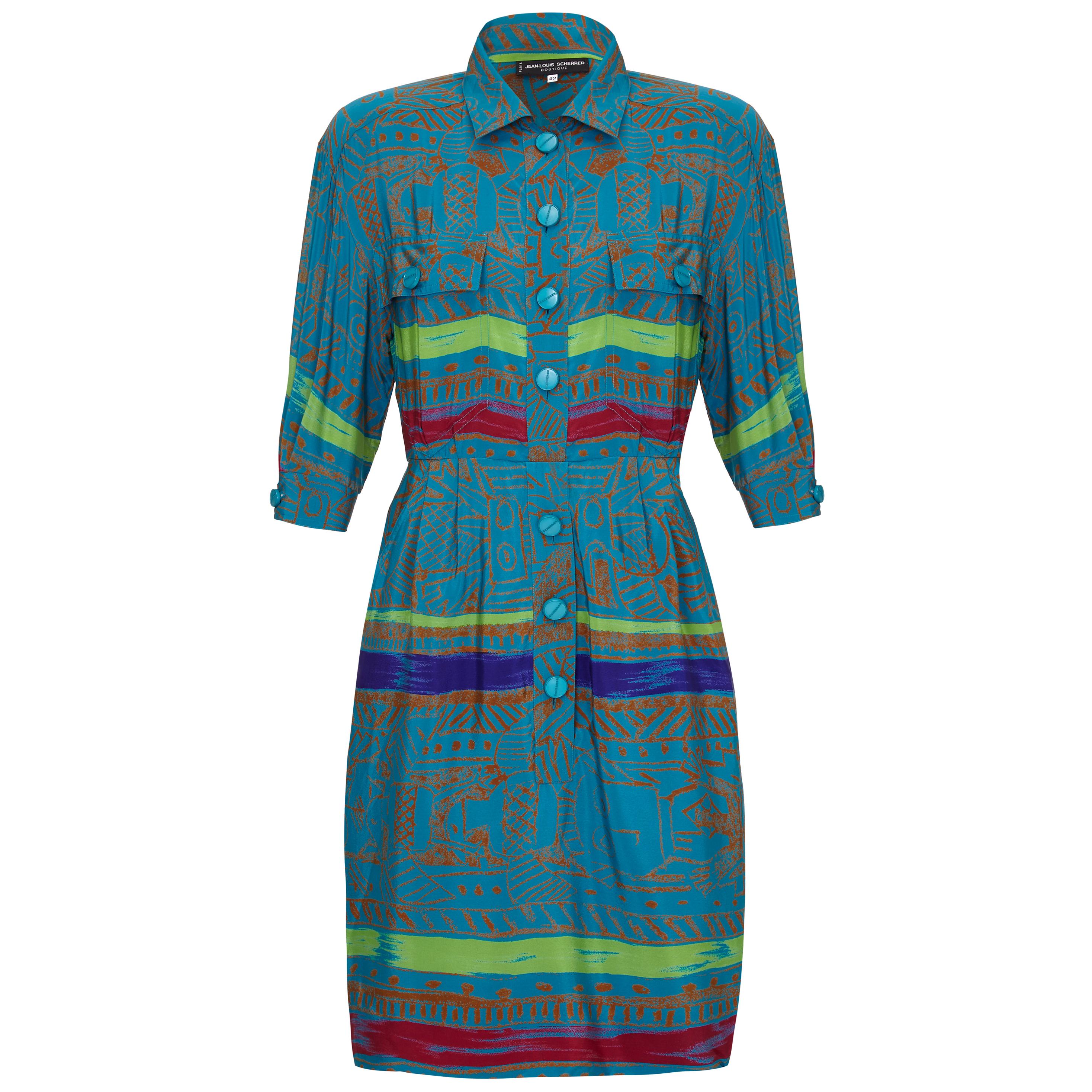  Jean - Louis Scherrer 1980s Colourful Batik Print Silk Shirt Dress 