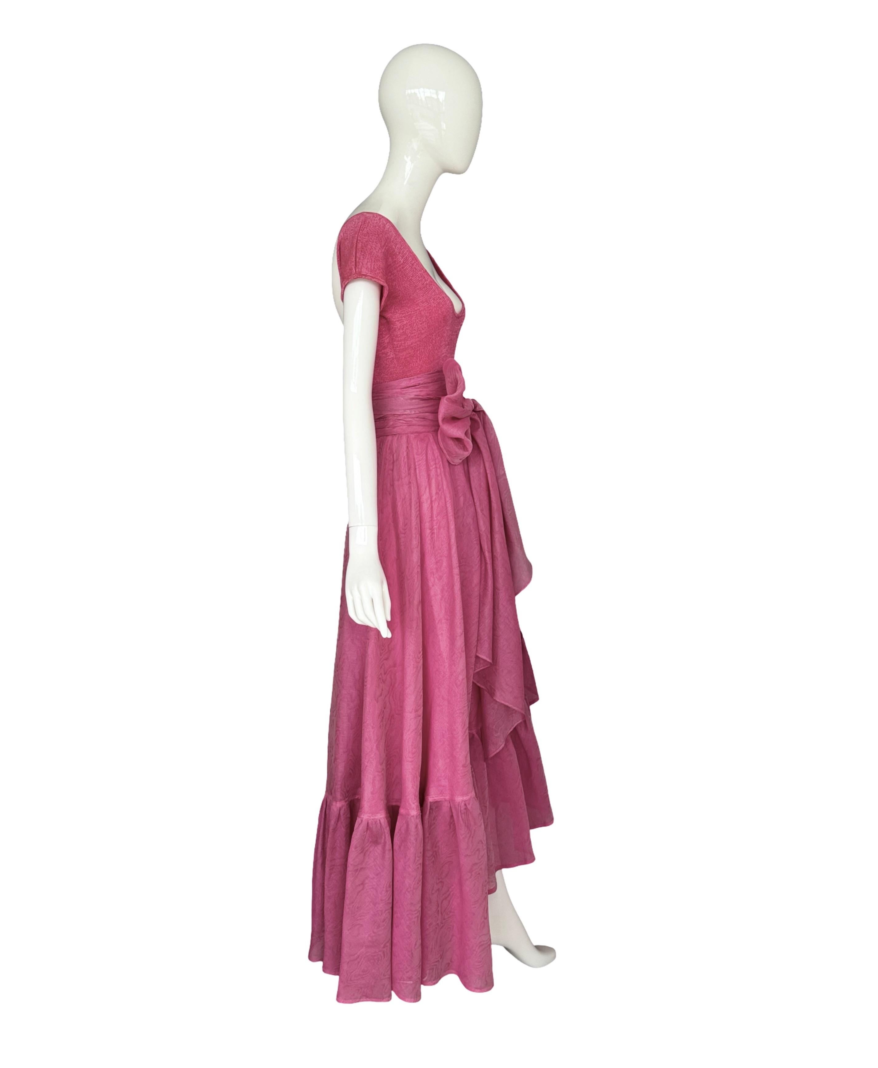 Jean Louis Scherrer 1980s Pink Knit Bodysuit & Moiré Taffeta Skirt Boho Ensemble en venta 5