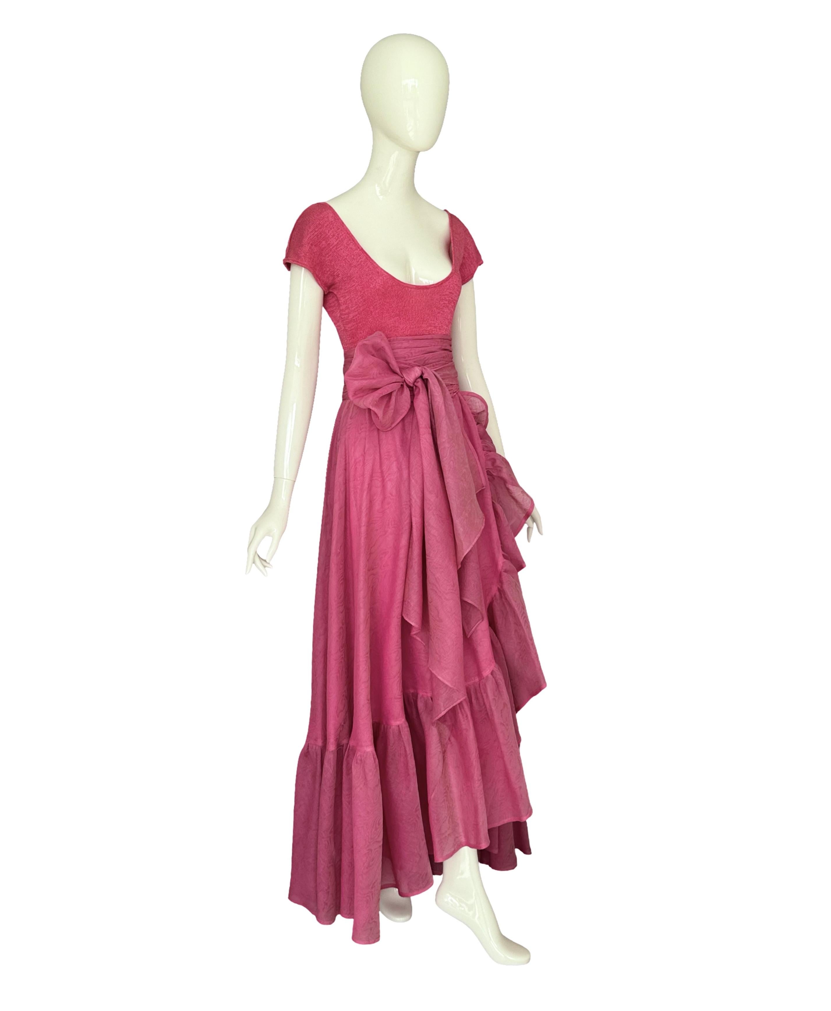 Jean Louis Scherrer 1980s Pink Knit Bodysuit & Moiré Taffeta Skirt Boho Ensemble en venta 6