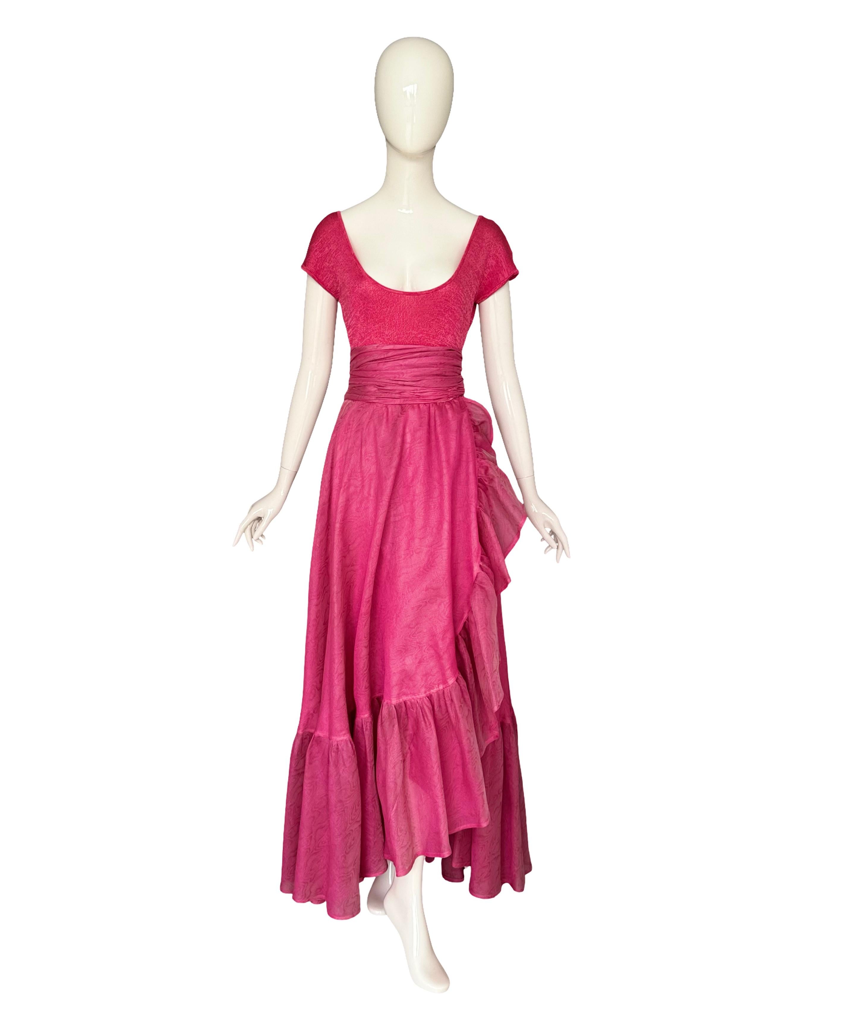 Jean Louis Scherrer 1980s Pink Knit Bodysuit & Moiré Taffeta Skirt Boho Ensemble en venta 7