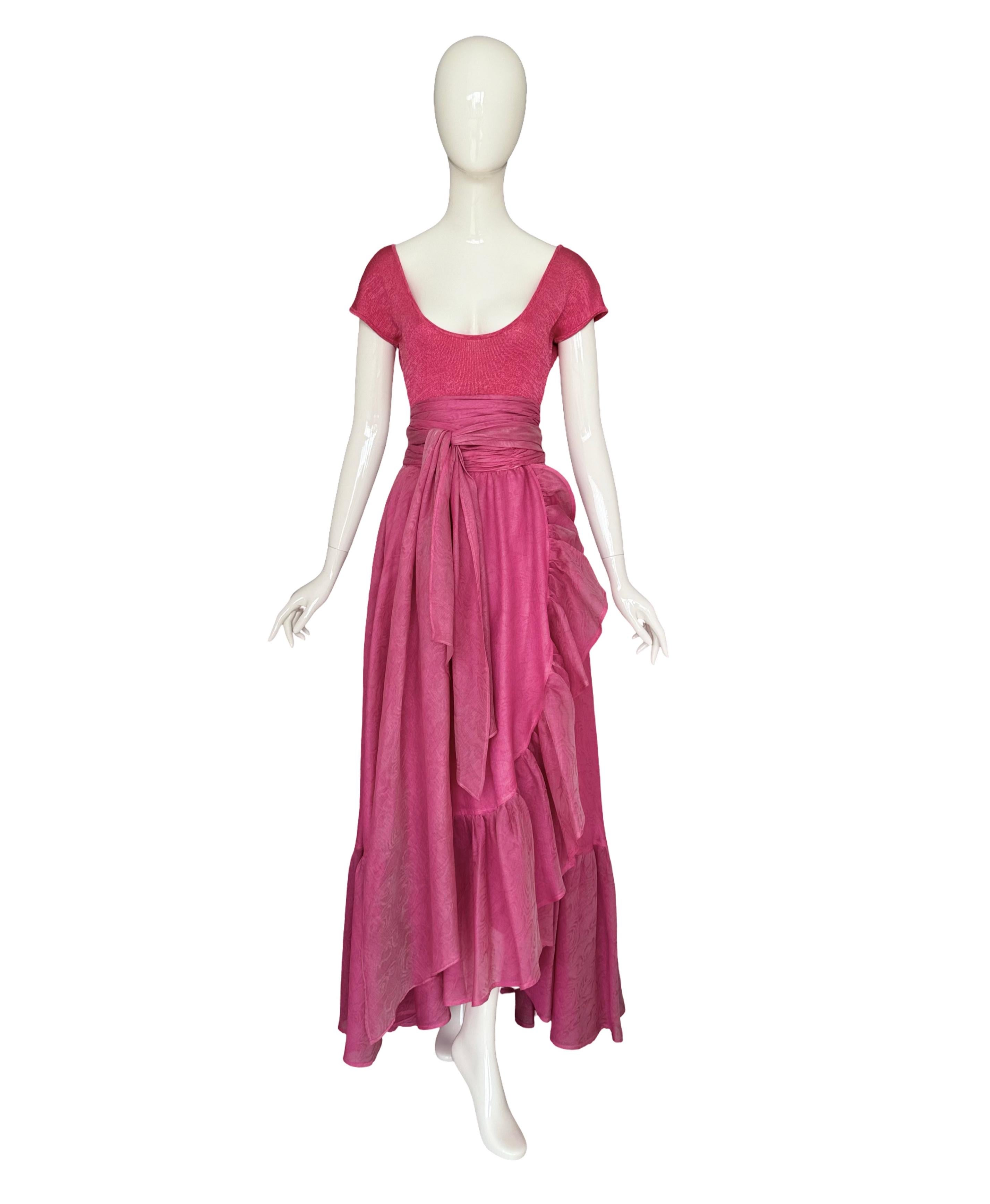 Jean Louis Scherrer 1980s Pink Knit Bodysuit & Moiré Taffeta Skirt Boho Ensemble en venta 8