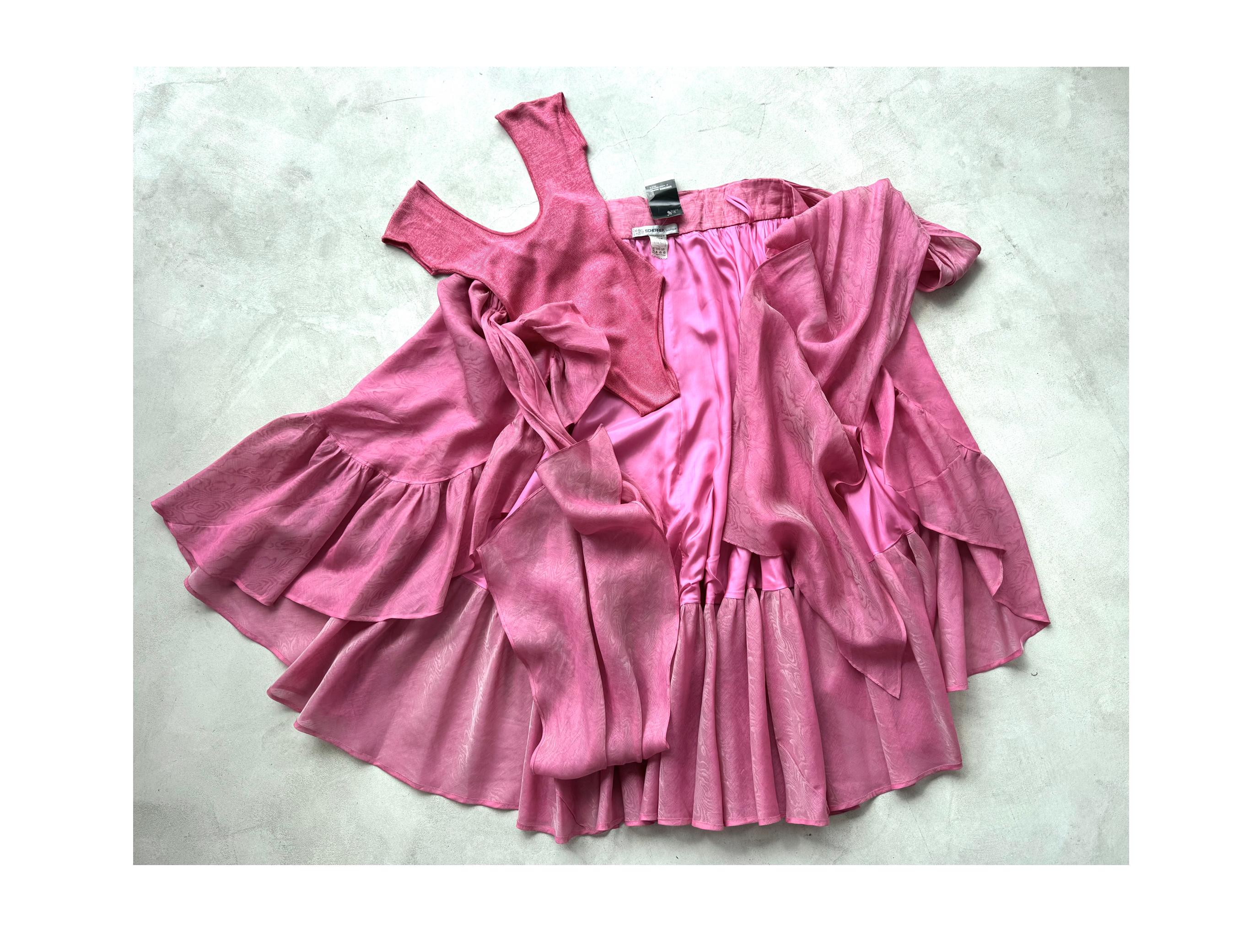 Jean Louis Scherrer 1980s Pink Knit Bodysuit & Moiré Taffeta Skirt Boho Ensemble en venta 9
