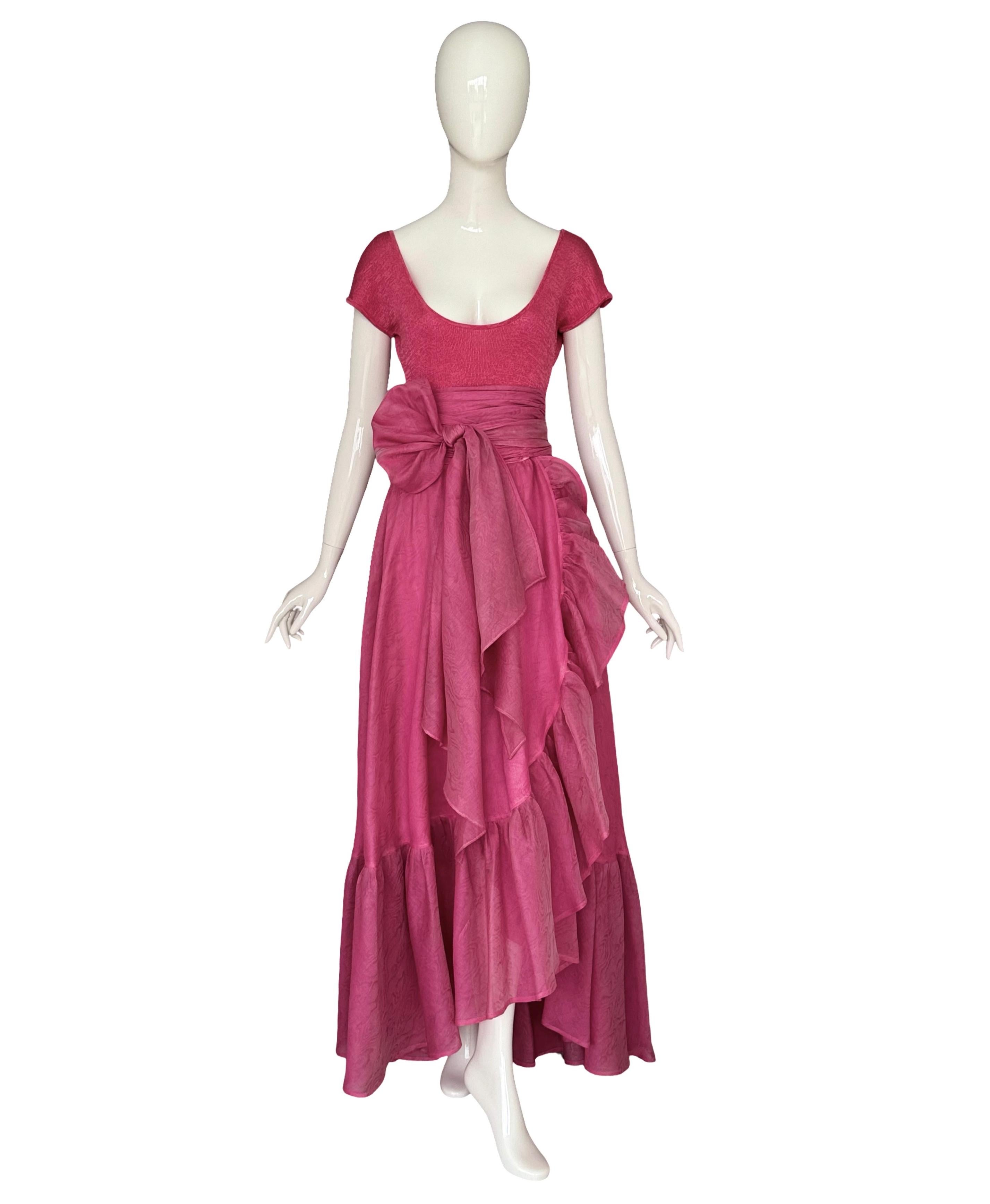Unworn vintage 1980s Jean Louis Scherrer Boutique Set, Pink Knit Bodysuit & Taffeta Moiré Maxi Skirt with Original Tags
An exquisite example of Parisian chic from legendary French couturier Jean Louis Scherrer. This rare, unworn vintage ensemble