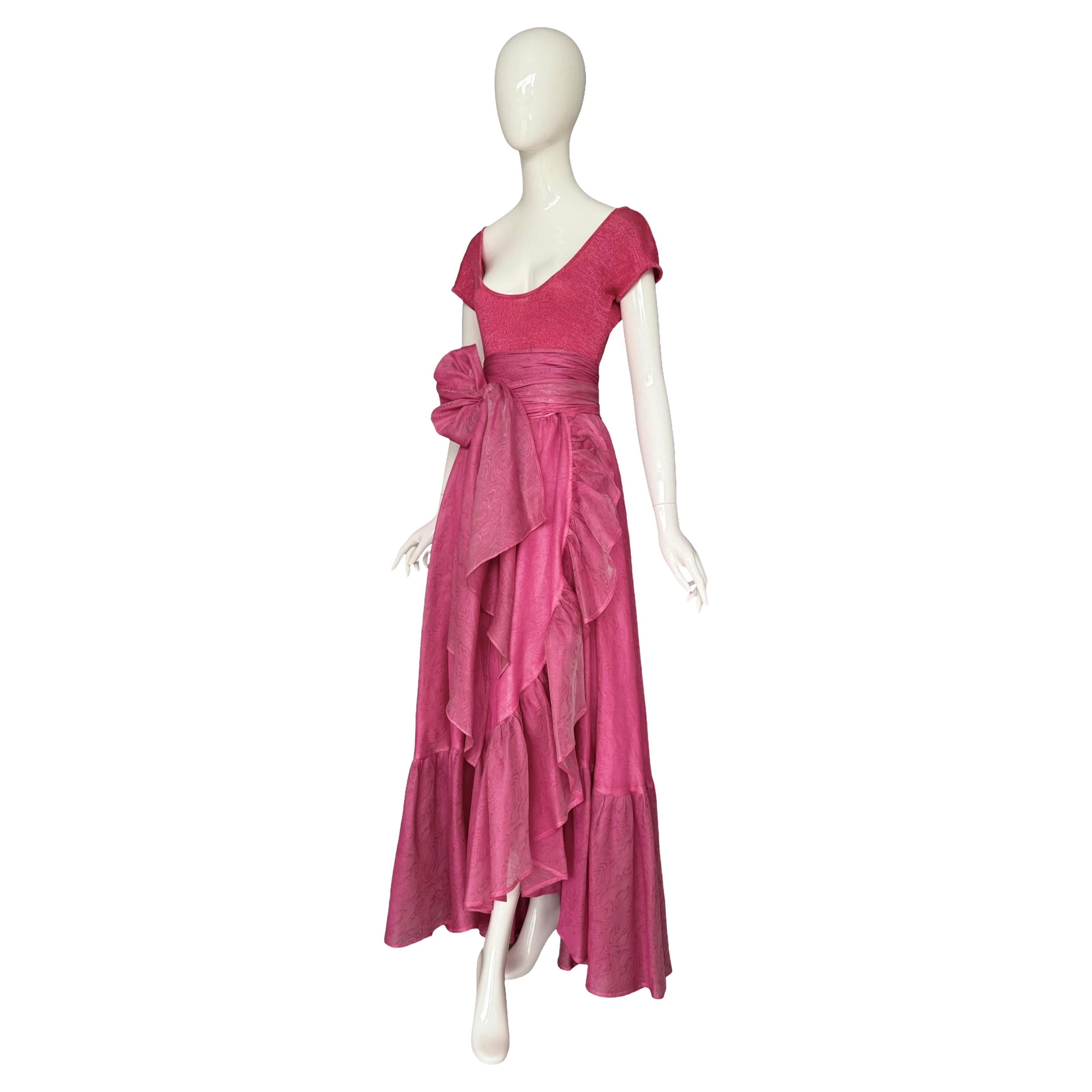 Jean Louis Scherrer 1980s Pink Knit Bodysuit & Moiré Taffeta Skirt Boho Ensemble en venta