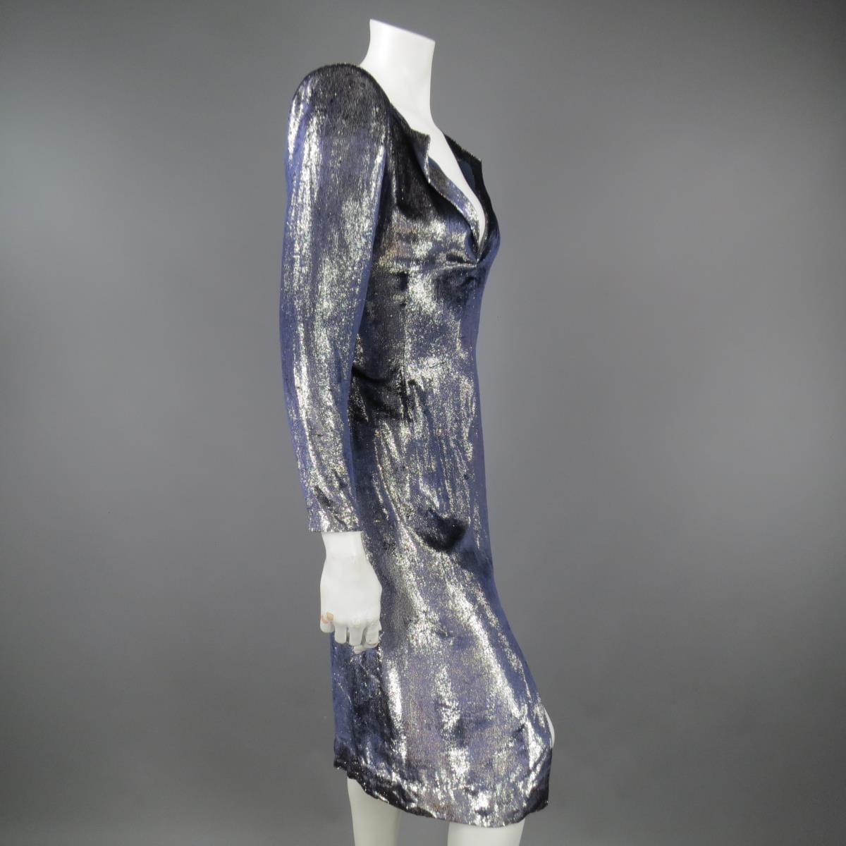 JEAN-LOUIS SCHERRER 2 Silver & Navy Metallic Velvet Long Sleeve Sheath Dress For Sale 6