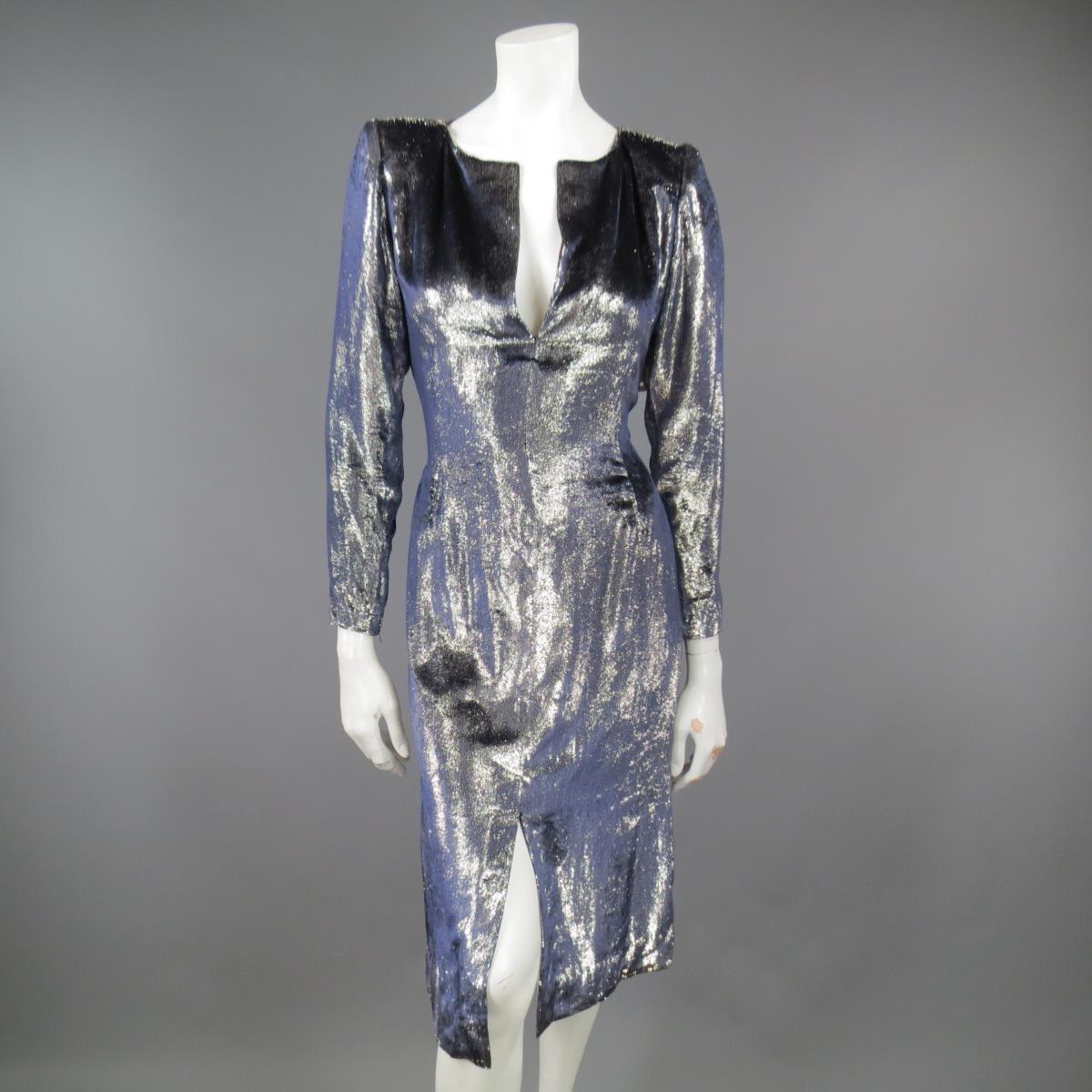 Women's JEAN-LOUIS SCHERRER 2 Silver & Navy Metallic Velvet Long Sleeve Sheath Dress For Sale