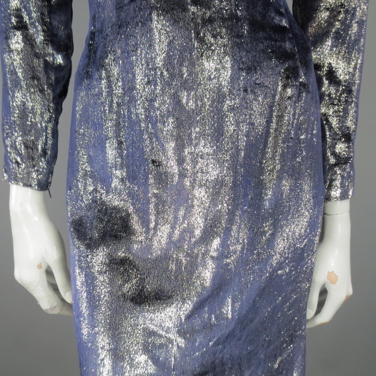 JEAN-LOUIS SCHERRER 2 Silver & Navy Metallic Velvet Long Sleeve Sheath Dress For Sale 1