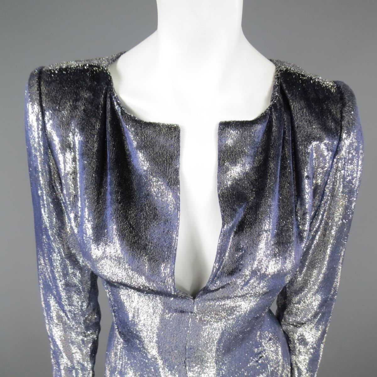 JEAN-LOUIS SCHERRER 2 Silver & Navy Metallic Velvet Long Sleeve Sheath Dress For Sale 2