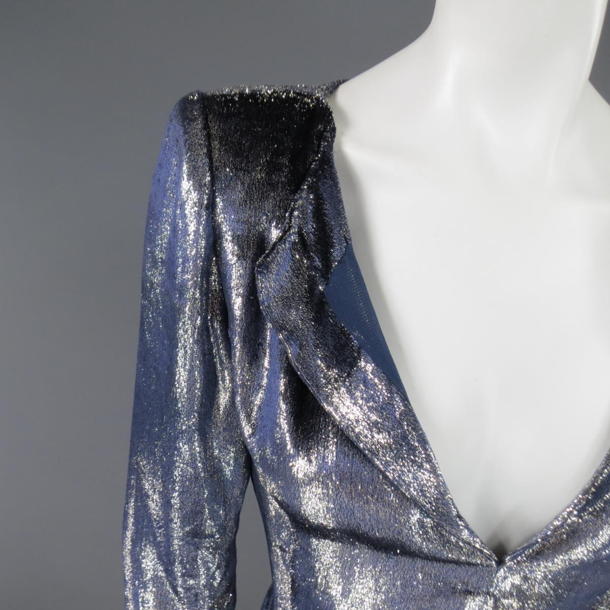 JEAN-LOUIS SCHERRER 2 Silver & Navy Metallic Velvet Long Sleeve Sheath Dress For Sale 3