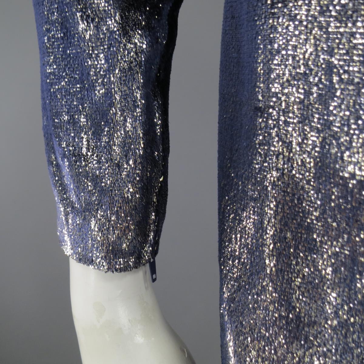 JEAN-LOUIS SCHERRER 2 Silver & Navy Metallic Velvet Long Sleeve Sheath Dress For Sale 5