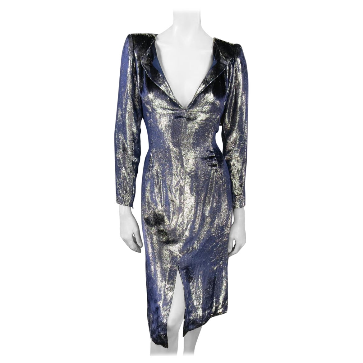 JEAN-LOUIS SCHERRER 2 - Robe fourreau à manches longues en velours métallique argenté et bleu marine