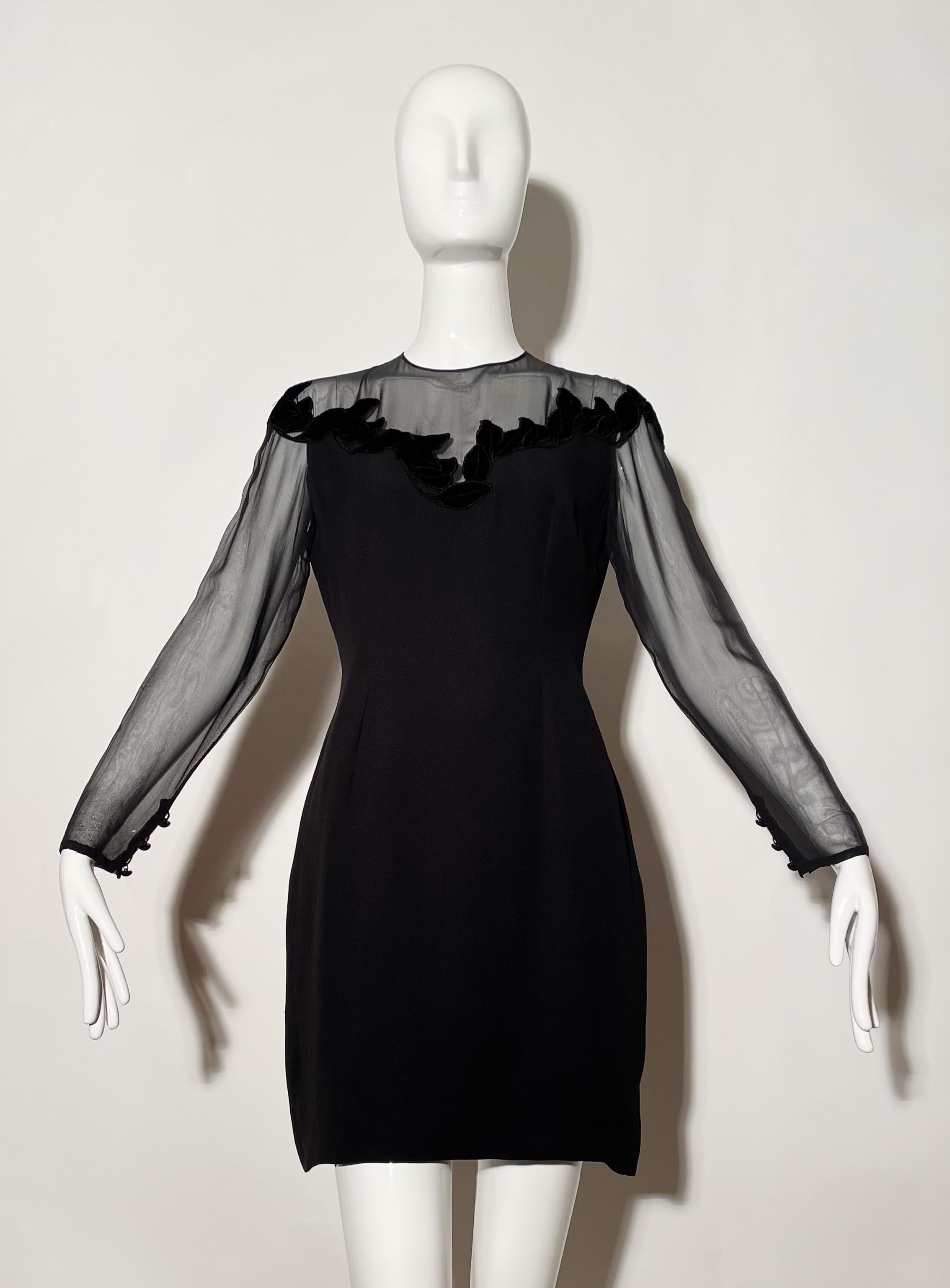 Black cocktail dress. Sheer upper body, velvet trim. Lined. Rear button and zipper closure.
*Condition: excellent vintage condition. No visible flaws.

Measurements Taken Laying Flat (inches)—
Shoulder to Shoulder: 17 in.
Bust: 34 in.
Waist: 29