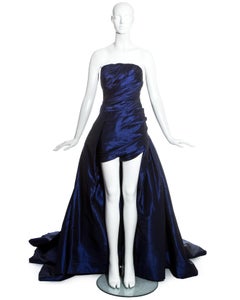 Jean-Louis Scherrer blue taffeta evening gown with sweeping train, ss 1994