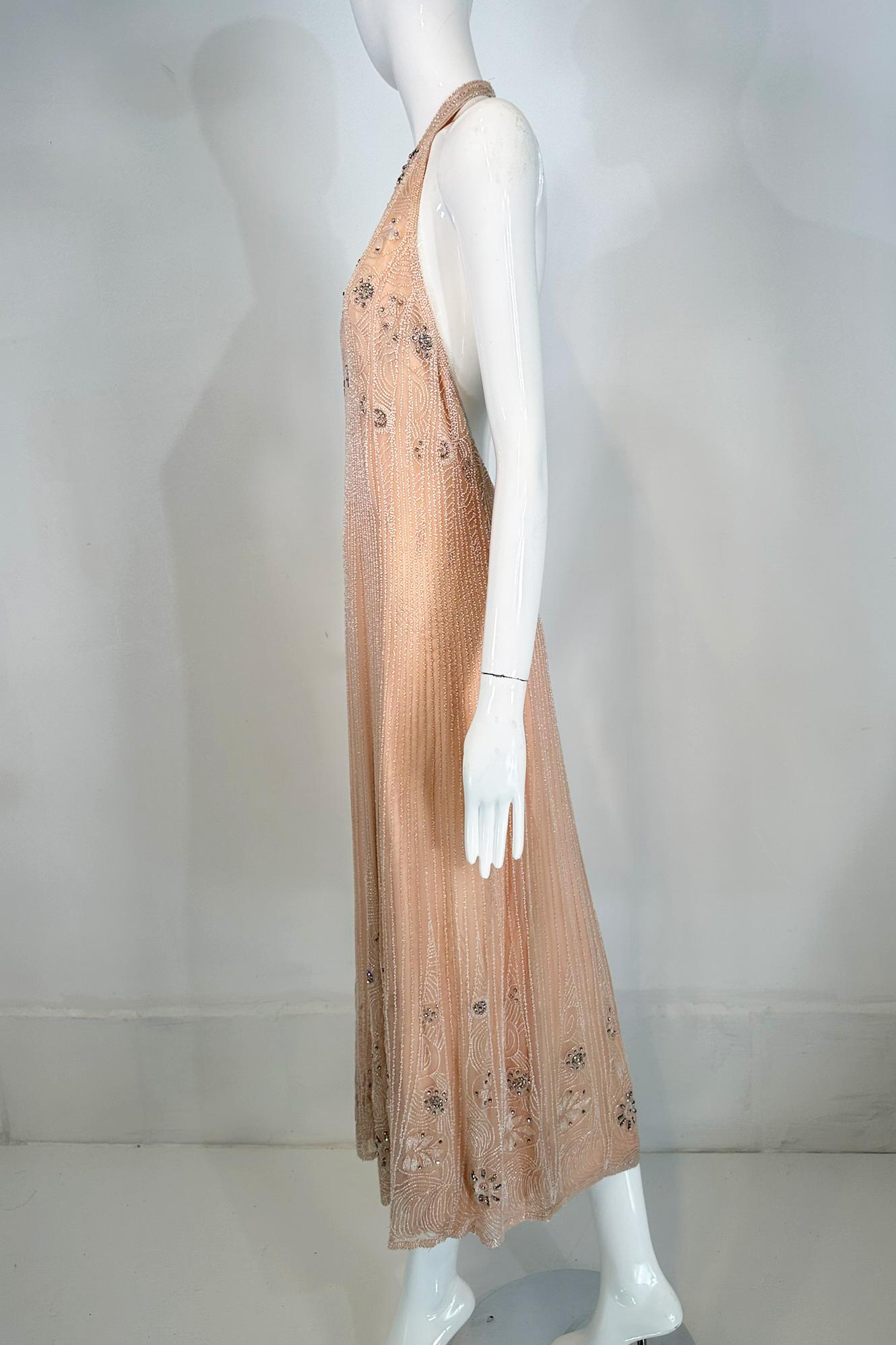Jean-Louis Scherrer Couture Beaded Pink Silk Halter Neck Evening Dress 1970s For Sale 5