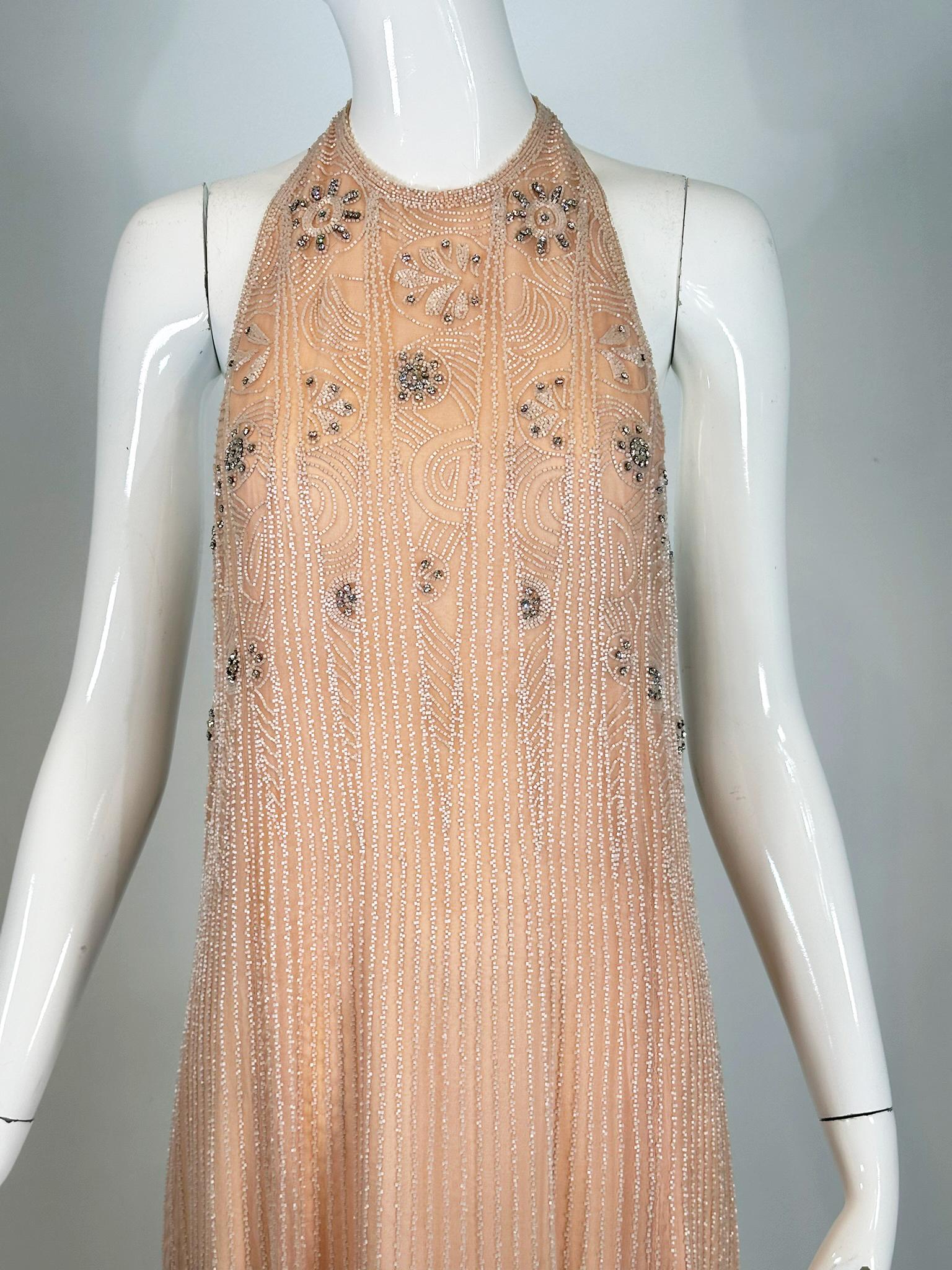 Jean-Louis Scherrer Couture Beaded Pink Silk Halter Neck Evening Dress 1970s For Sale 7