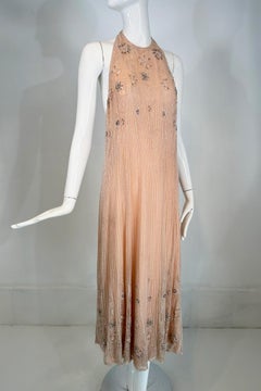 Jean-Louis Scherrer Couture Beaded Pink Silk Halter Neck Evening Dress 1970s
