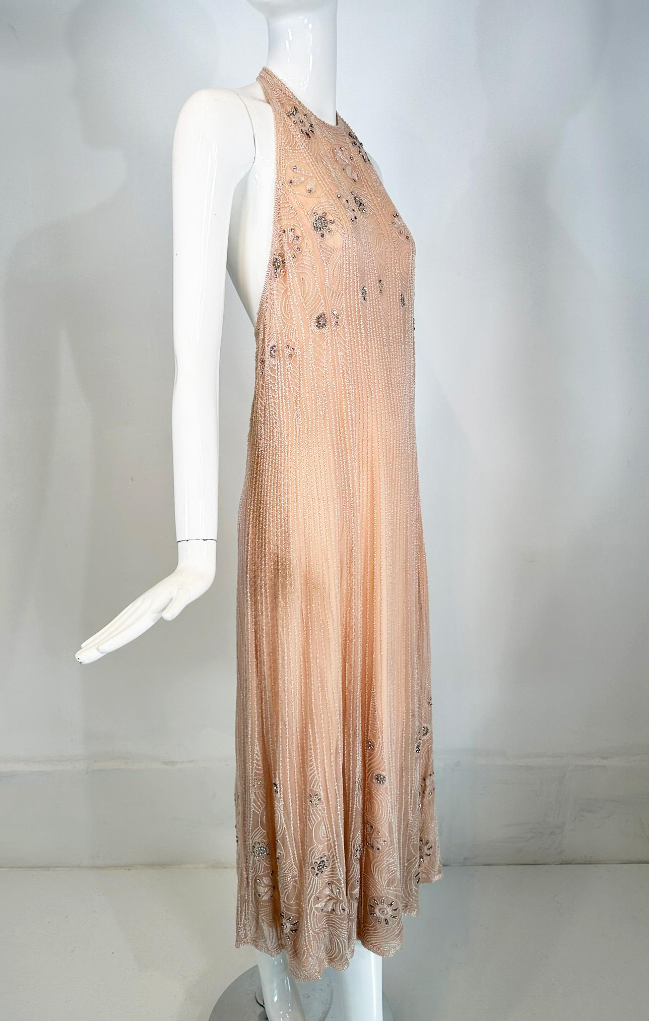 Beige Jean-Louis Scherrer Couture Beaded Pink Silk Halter Neck Evening Dress 1970s For Sale