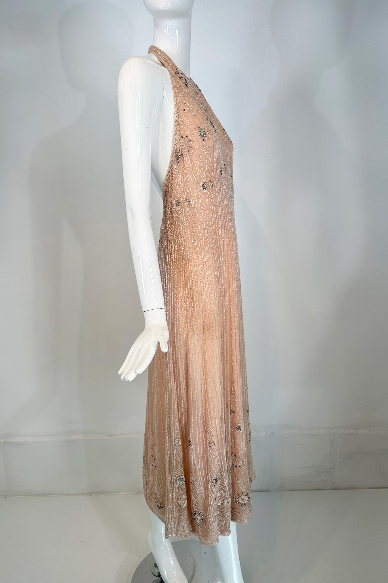 Jean-Louis Scherrer Couture Beaded Pink Silk Halter Neck Evening Dress 1970s In Good Condition For Sale In West Palm Beach, FL