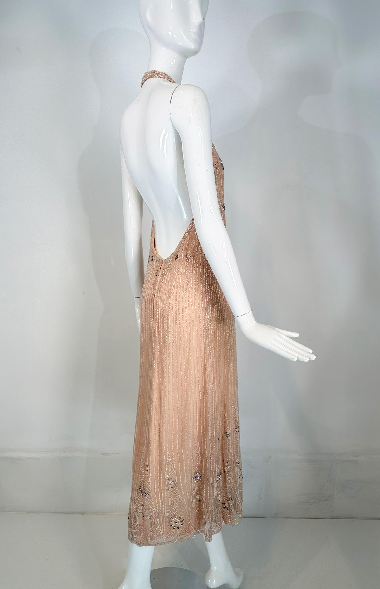 Women's Jean-Louis Scherrer Couture Beaded Pink Silk Halter Neck Evening Dress 1970s For Sale