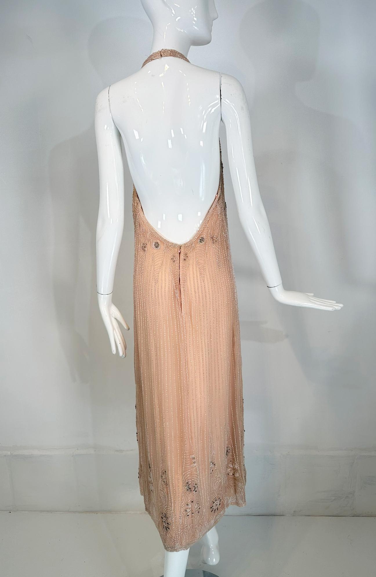 Jean-Louis Scherrer Couture Beaded Pink Silk Halter Neck Evening Dress 1970s For Sale 1