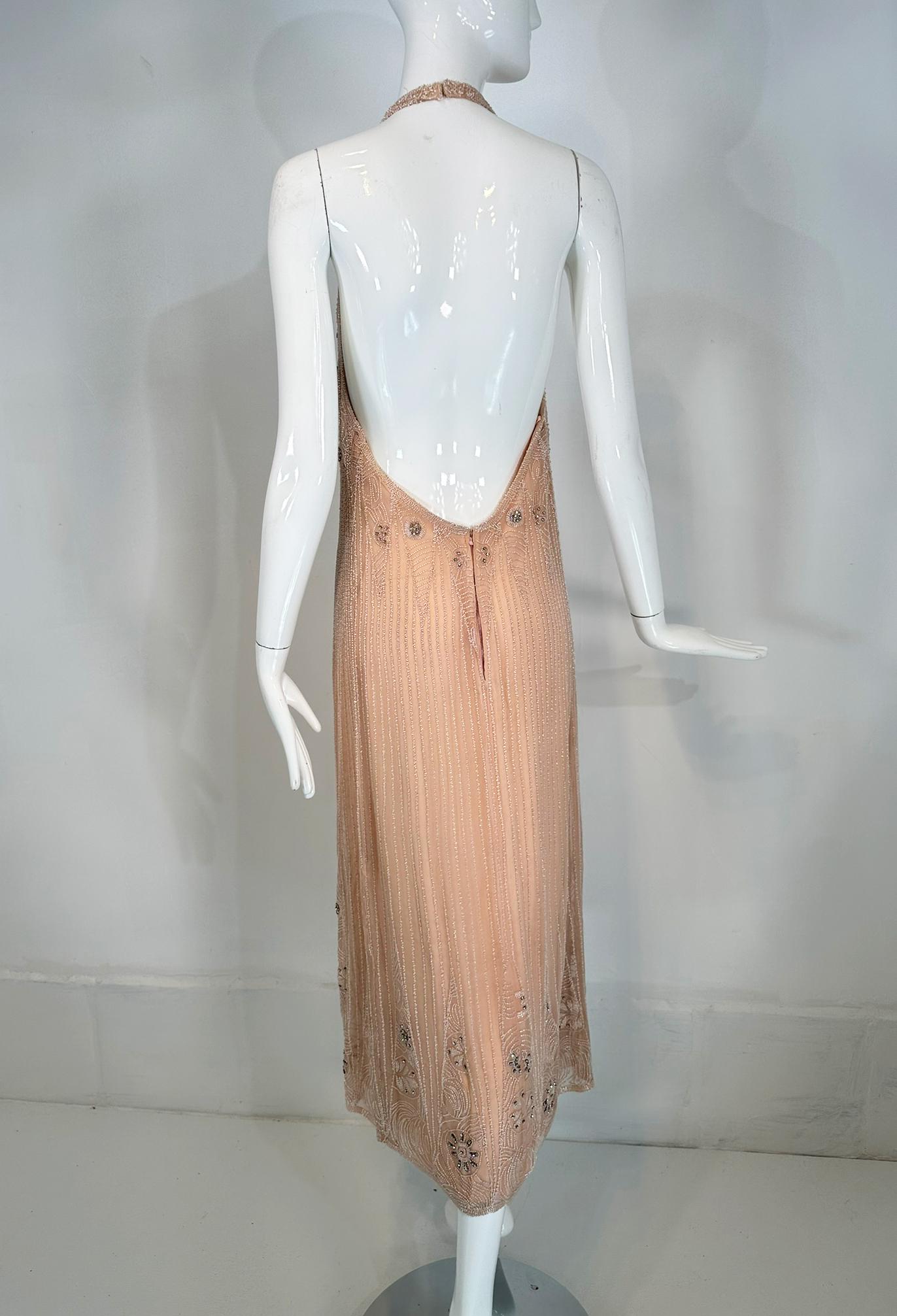 Jean-Louis Scherrer Couture Beaded Pink Silk Halter Neck Evening Dress 1970s For Sale 2