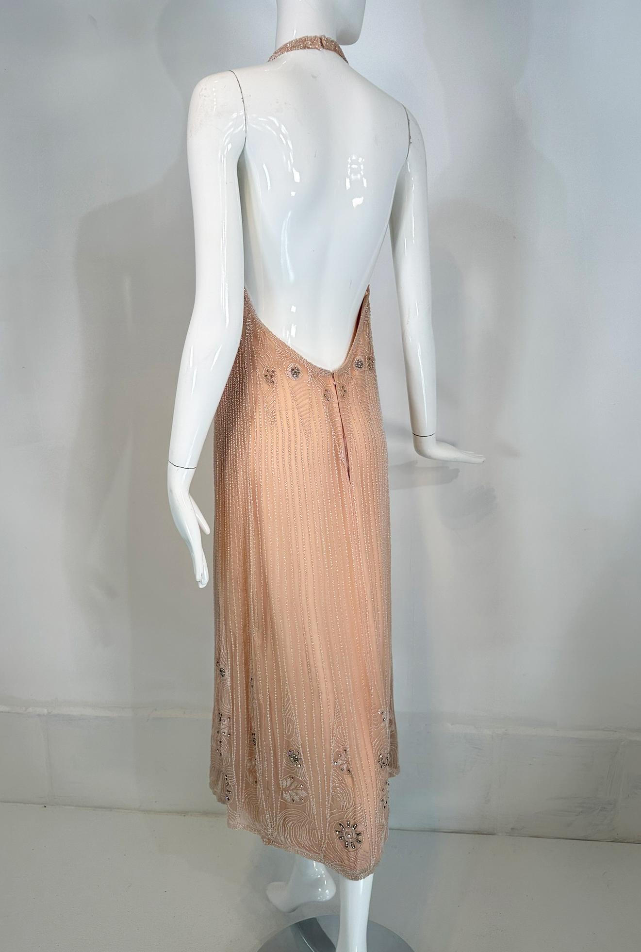 Jean-Louis Scherrer Couture Beaded Pink Silk Halter Neck Evening Dress 1970s For Sale 4