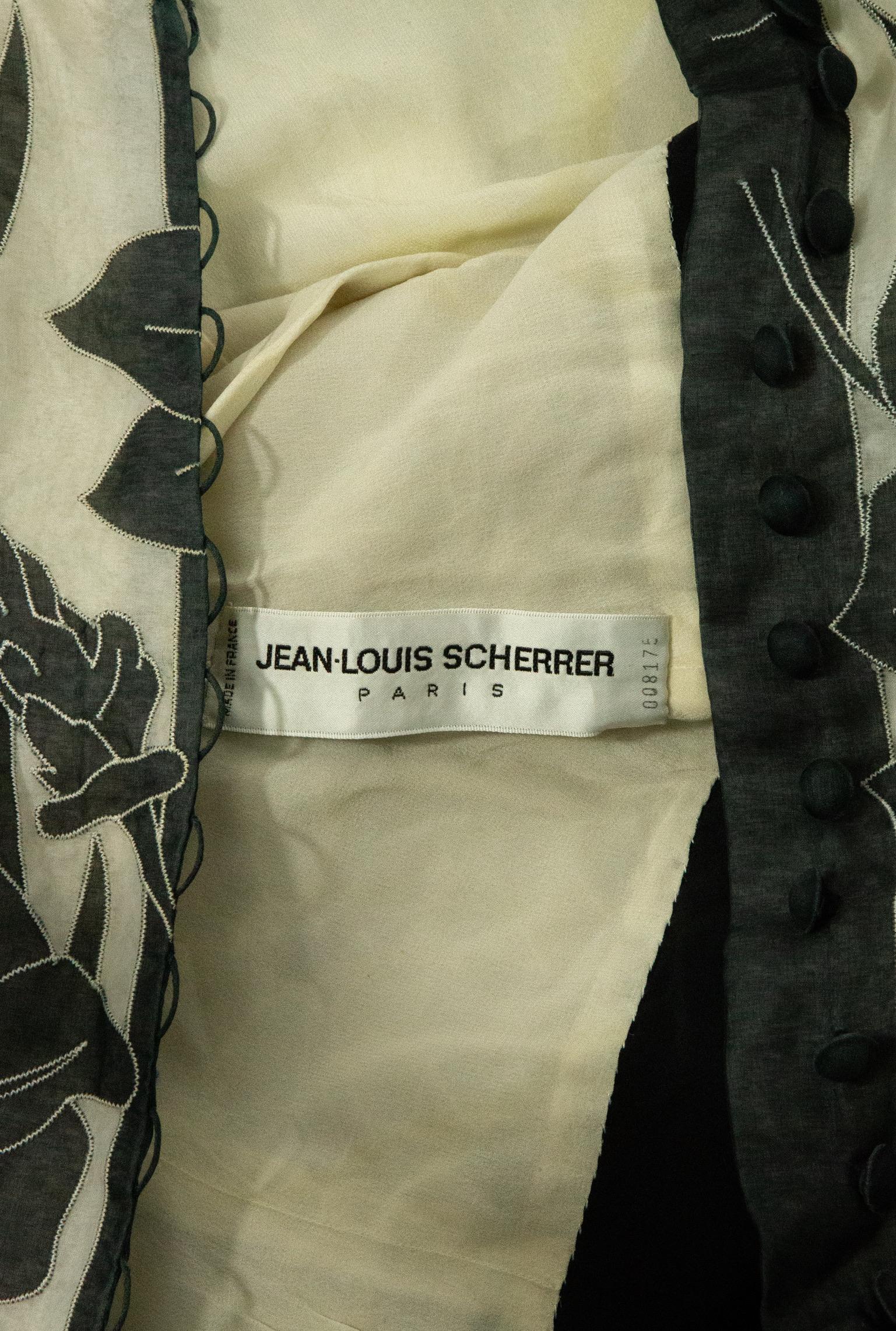 Jean-Louis Scherrer Couture Black Organza Drop Waist Dress with Floral Applique For Sale 6