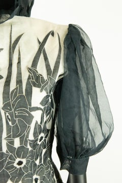 Jean-Louis Scherrer Couture Black Organza Drop Waist Dress with Floral Applique