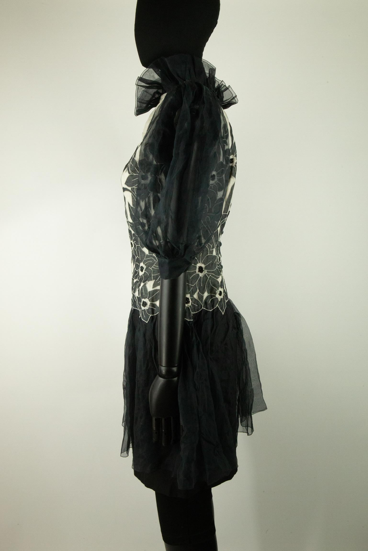 Jean-Louis Scherrer Couture Black Organza Drop Waist Dress with Floral Applique In Good Condition For Sale In London, GB
