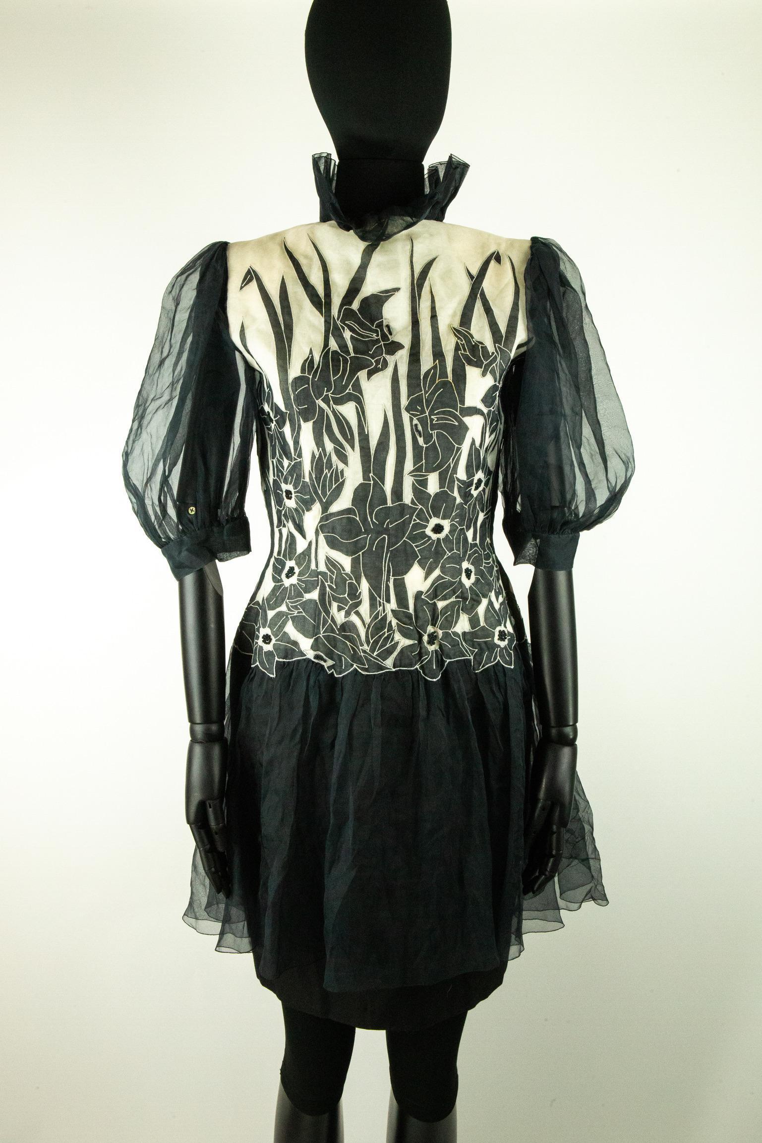 Women's Jean-Louis Scherrer Couture Black Organza Drop Waist Dress with Floral Applique For Sale