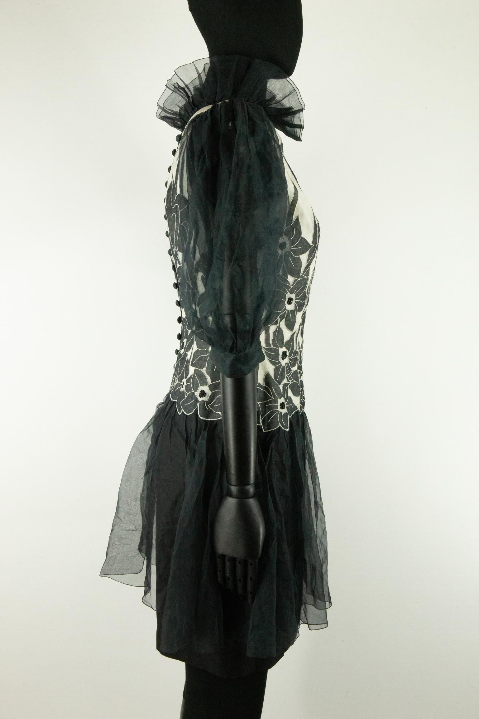 Jean-Louis Scherrer Couture Black Organza Drop Waist Dress with Floral Applique For Sale 1