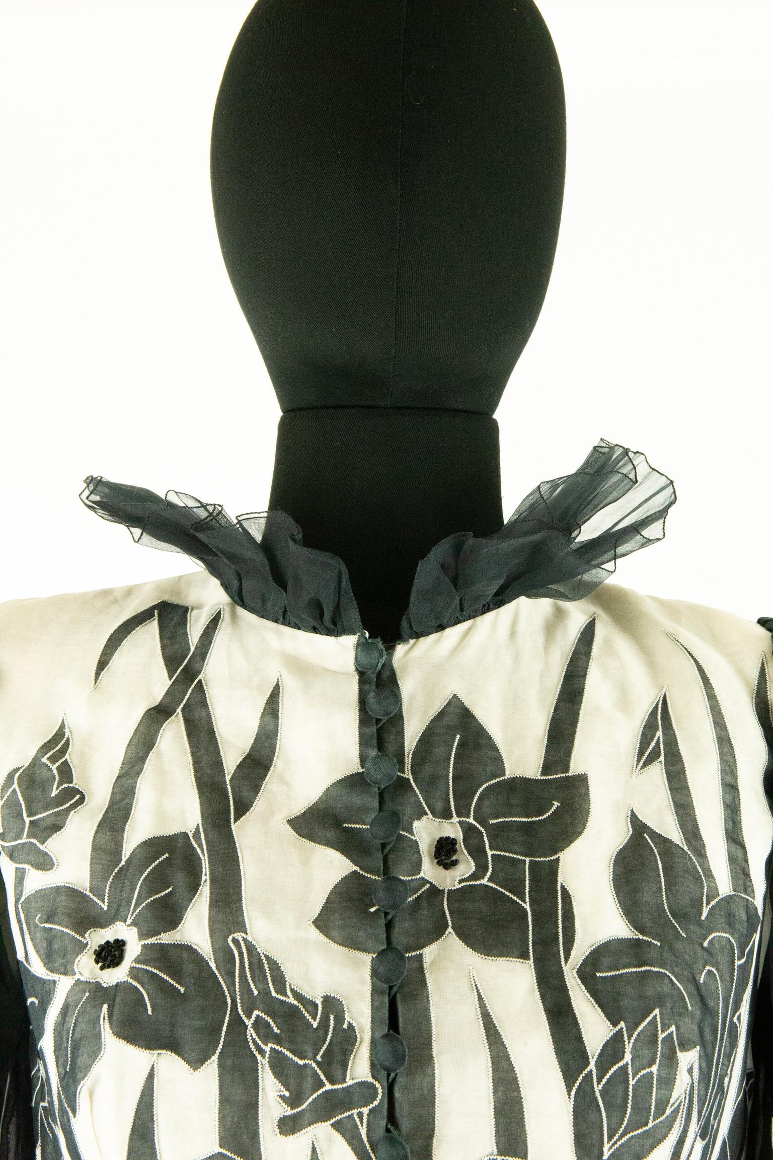Jean-Louis Scherrer Couture Black Organza Drop Waist Dress with Floral Applique For Sale 4