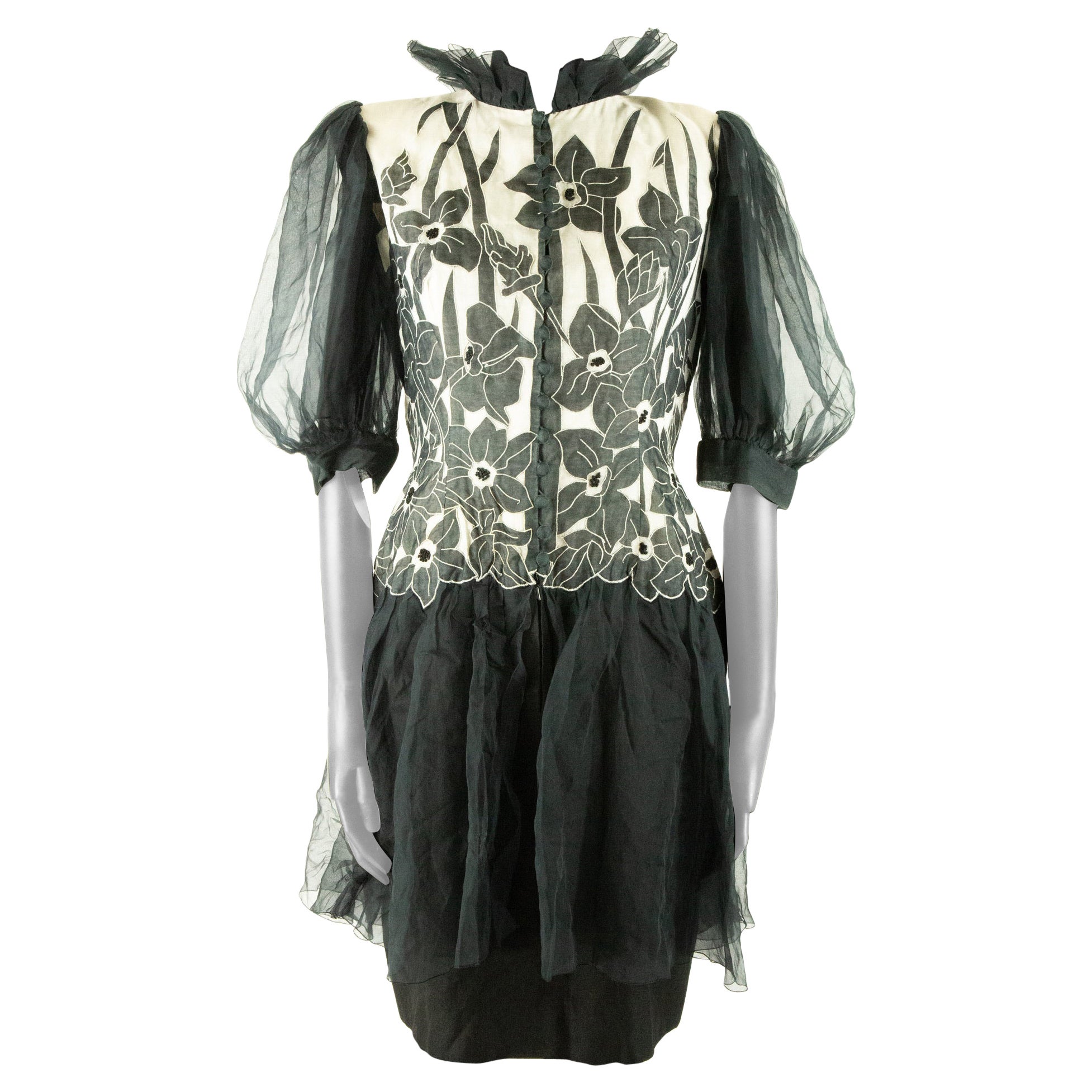 Jean-Louis Scherrer Couture - Vestito a vita bassa in organza nera con applicazione floreale