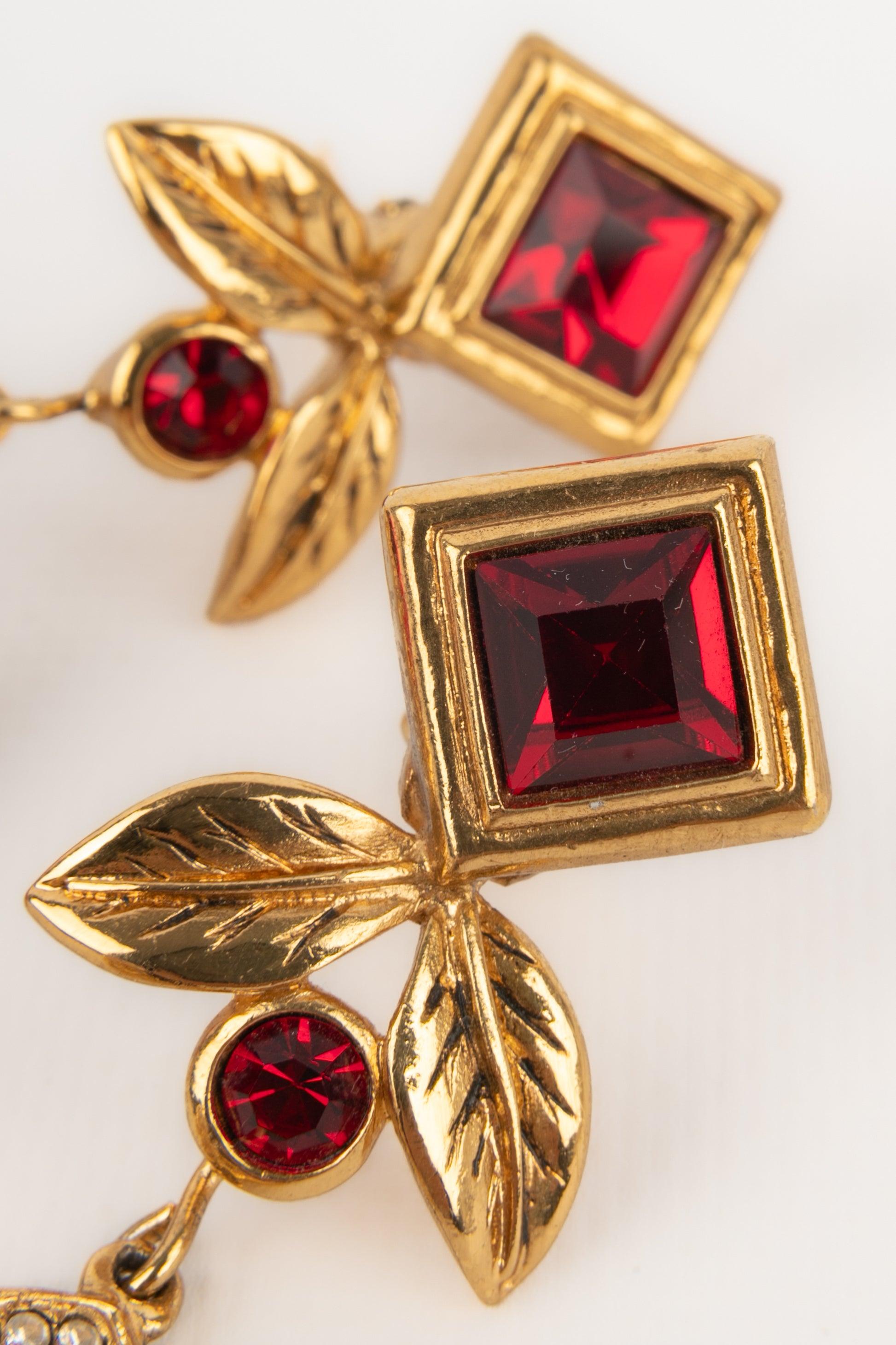 Women's Jean-Louis Scherrer Earrings with Rhinestones and Red Resin For Sale