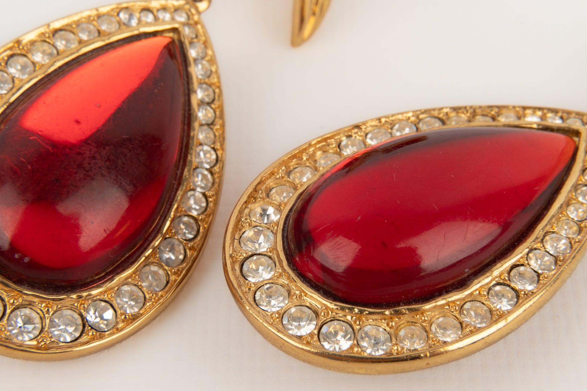 Jean-Louis Scherrer Earrings with Rhinestones and Red Resin For Sale 1