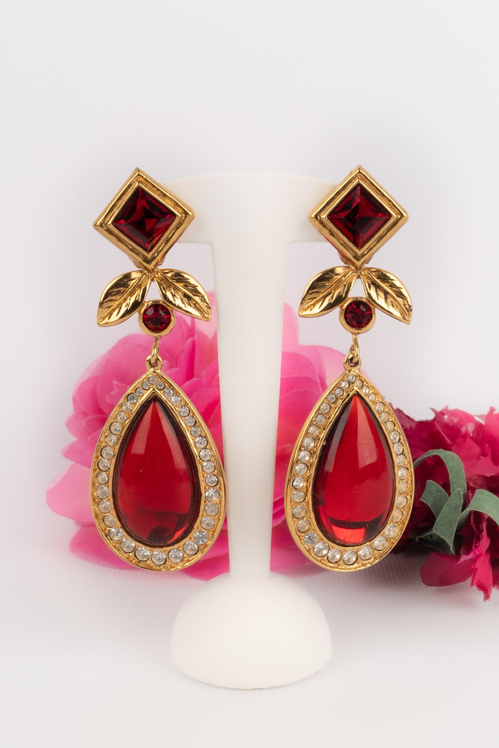 Jean-Louis Scherrer Earrings with Rhinestones and Red Resin For Sale 4