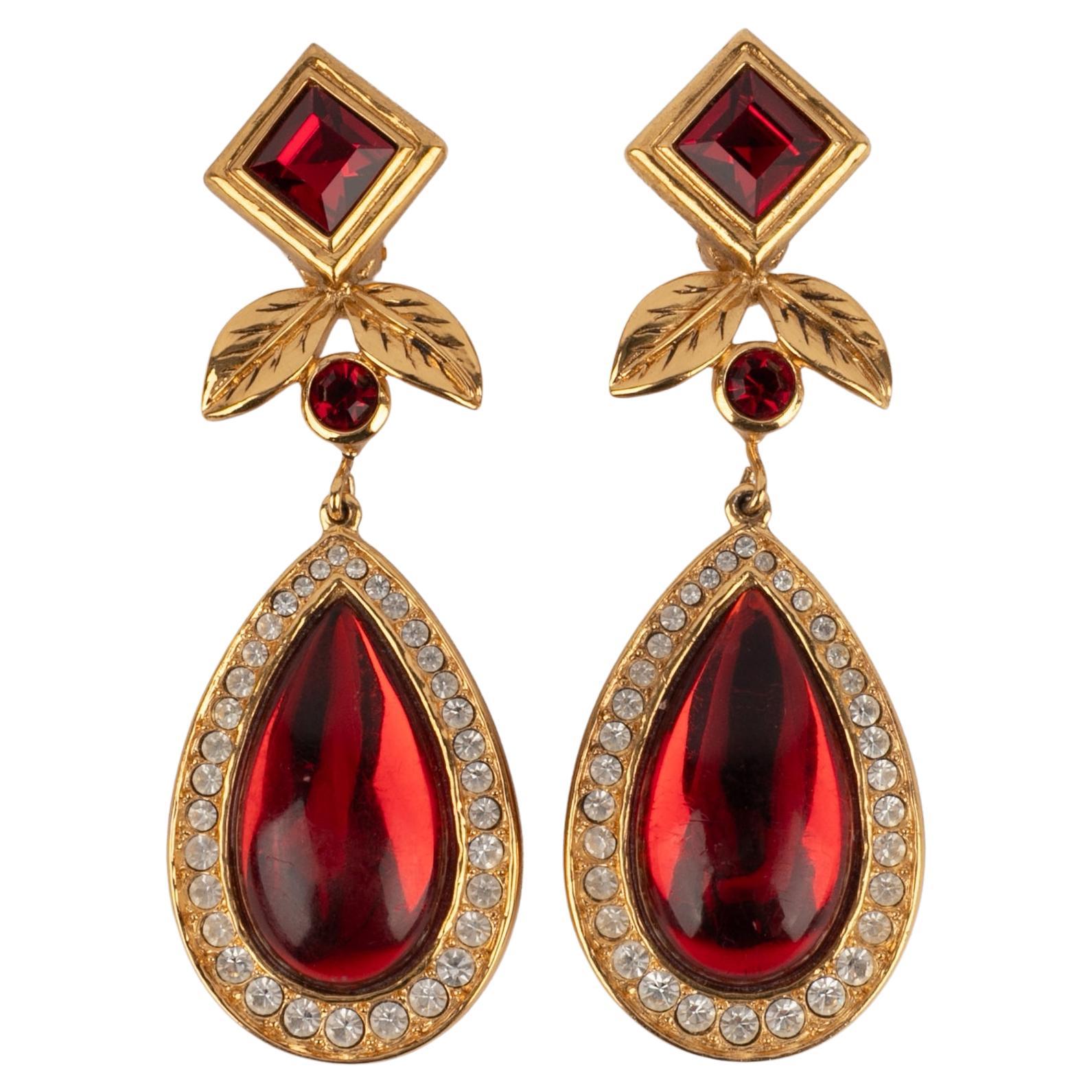 Jean-Louis Scherrer Earrings with Rhinestones and Red Resin For Sale