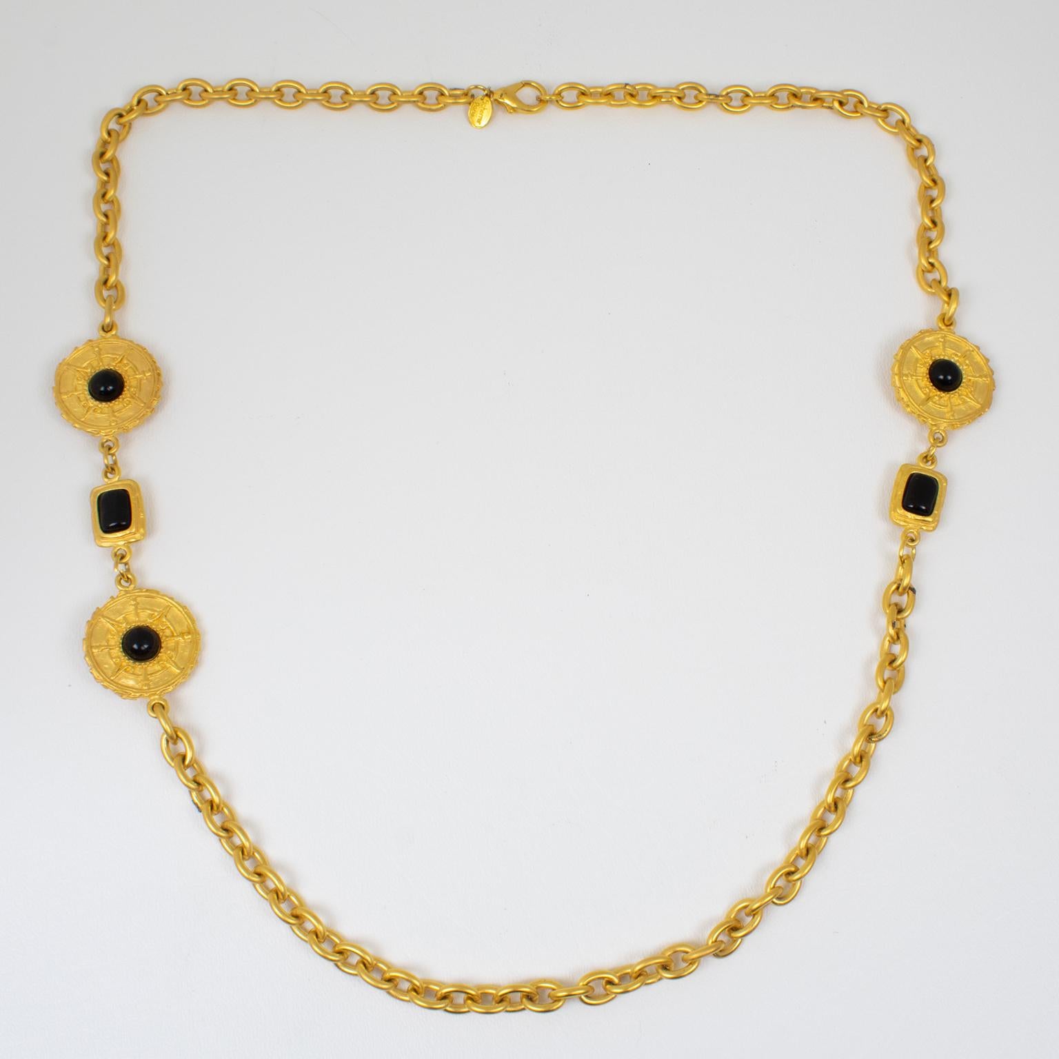 Jean Louis Scherrer Ethnic Gilt Metal Long Necklace with Black Resin Cabochons In Excellent Condition For Sale In Atlanta, GA